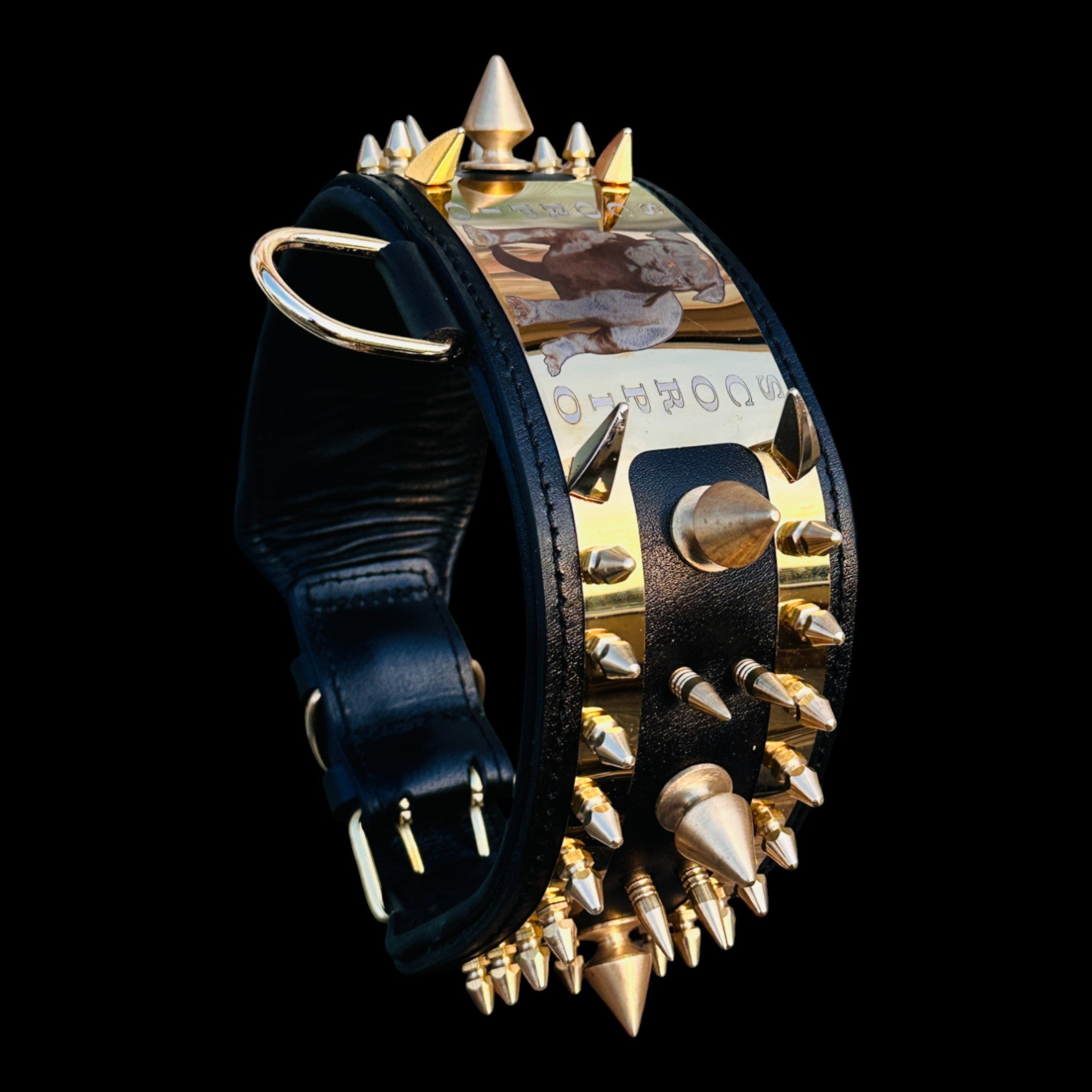 Handmade black gold spiked dog collar and leash set