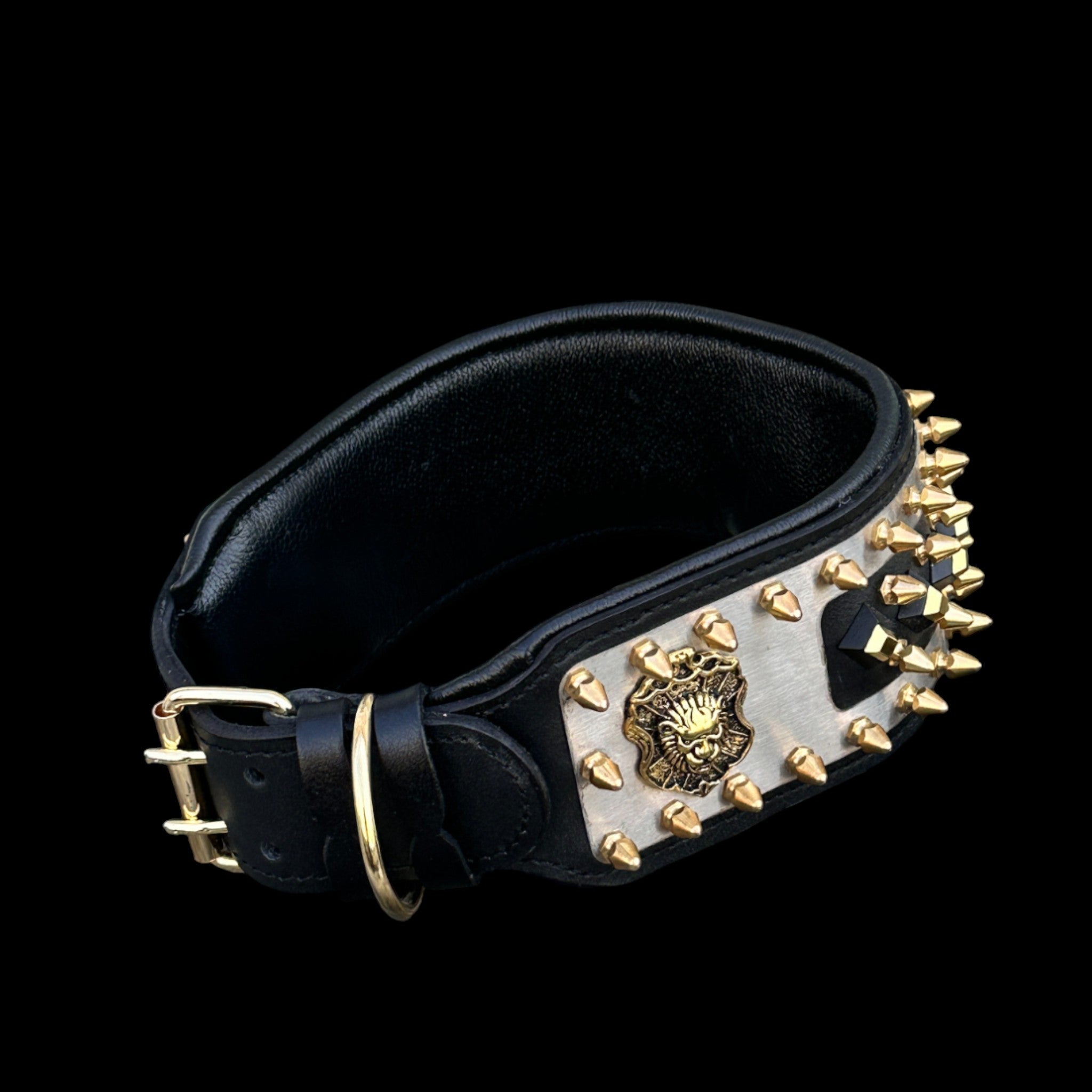 Wide leather collar with lion logo emblem