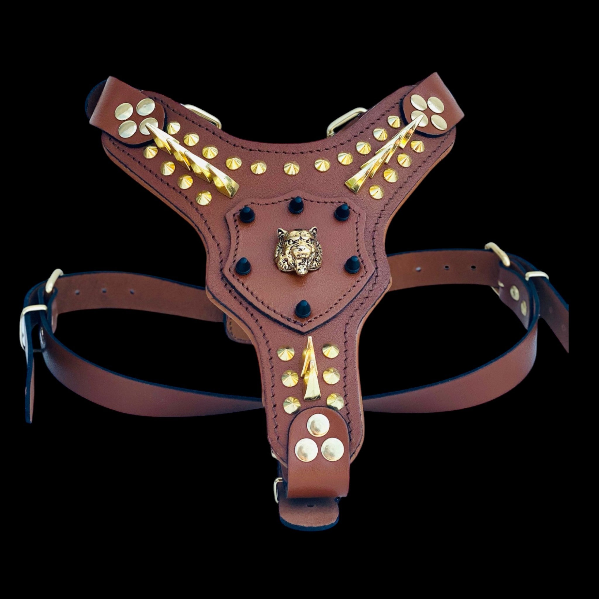 Strong leather harness with gold lion logo for Rottweiler dogs
