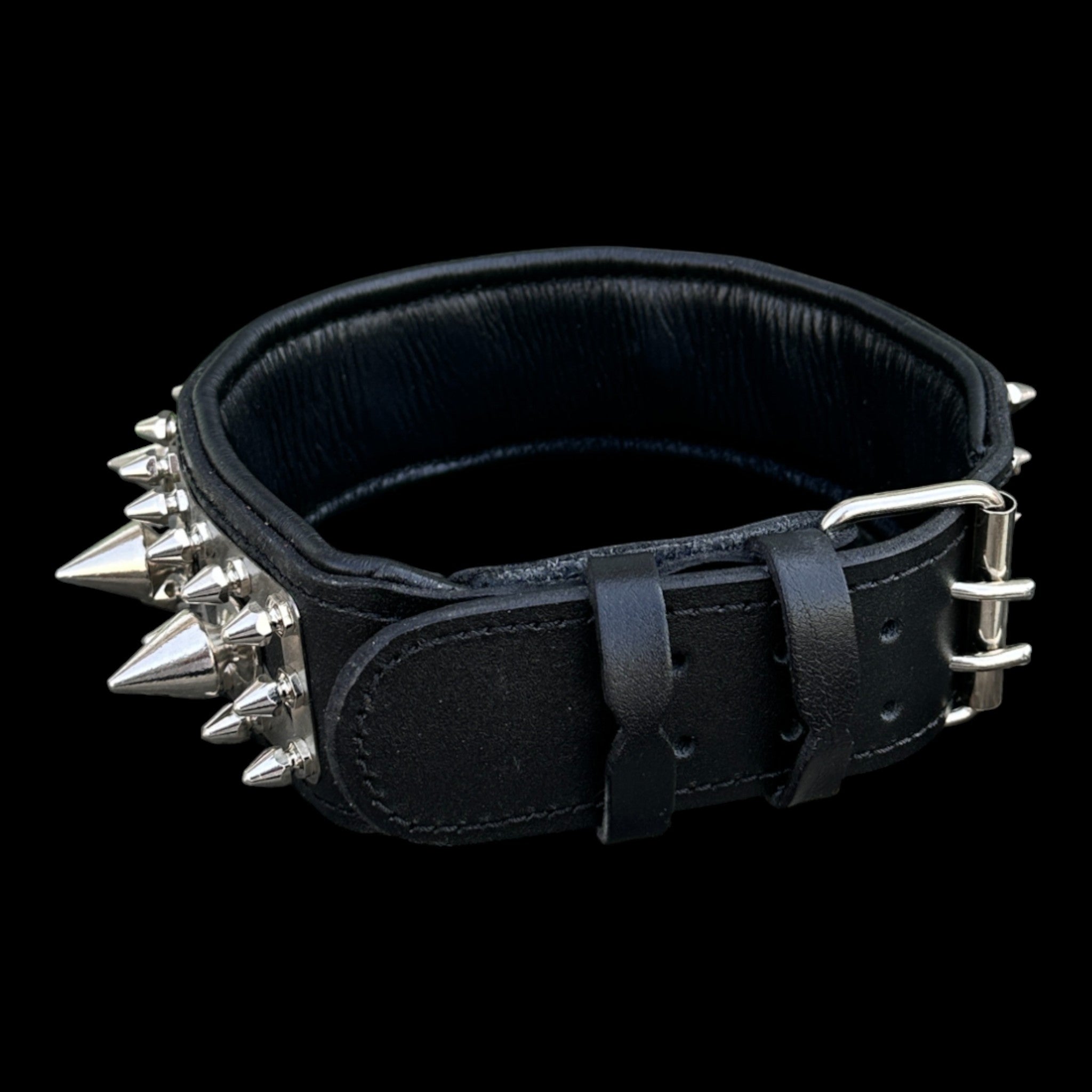 IRON BEAST extreme dog collar with large chrome spikes and black leather base