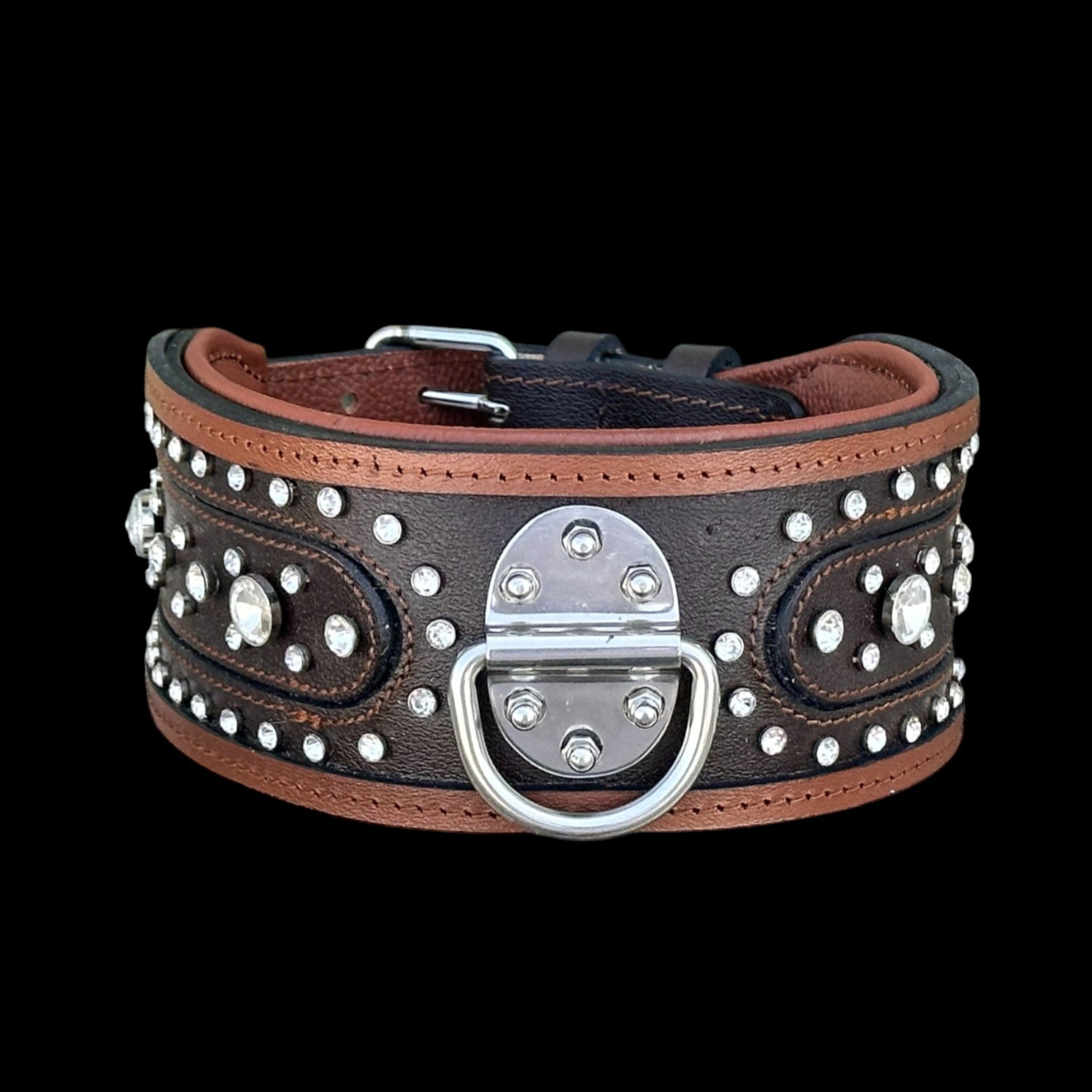 Handcrafted 8cm (3.15 inch) Wide Leather Dog Collar – Crystal Studded Design with Steel D-Ring for Cane Corso, Rottweiler, Doberman, Kangal, American Bully