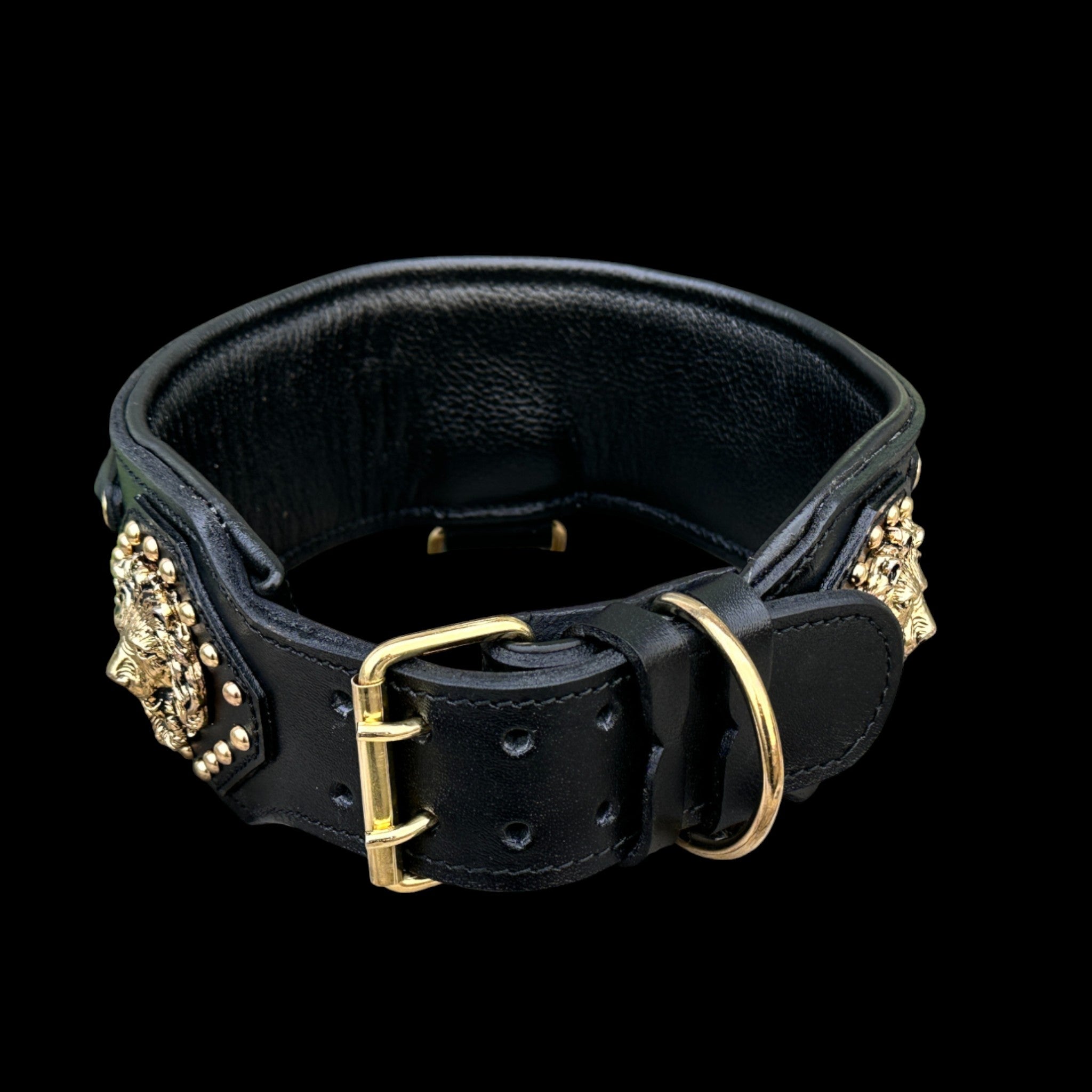 Handcrafted Black Leather Dog Collar – Lion Head Design with Gold Chains, Wide Strong Collar for Cane Corso, Rottweiler, Doberman, Kangal, American Bully