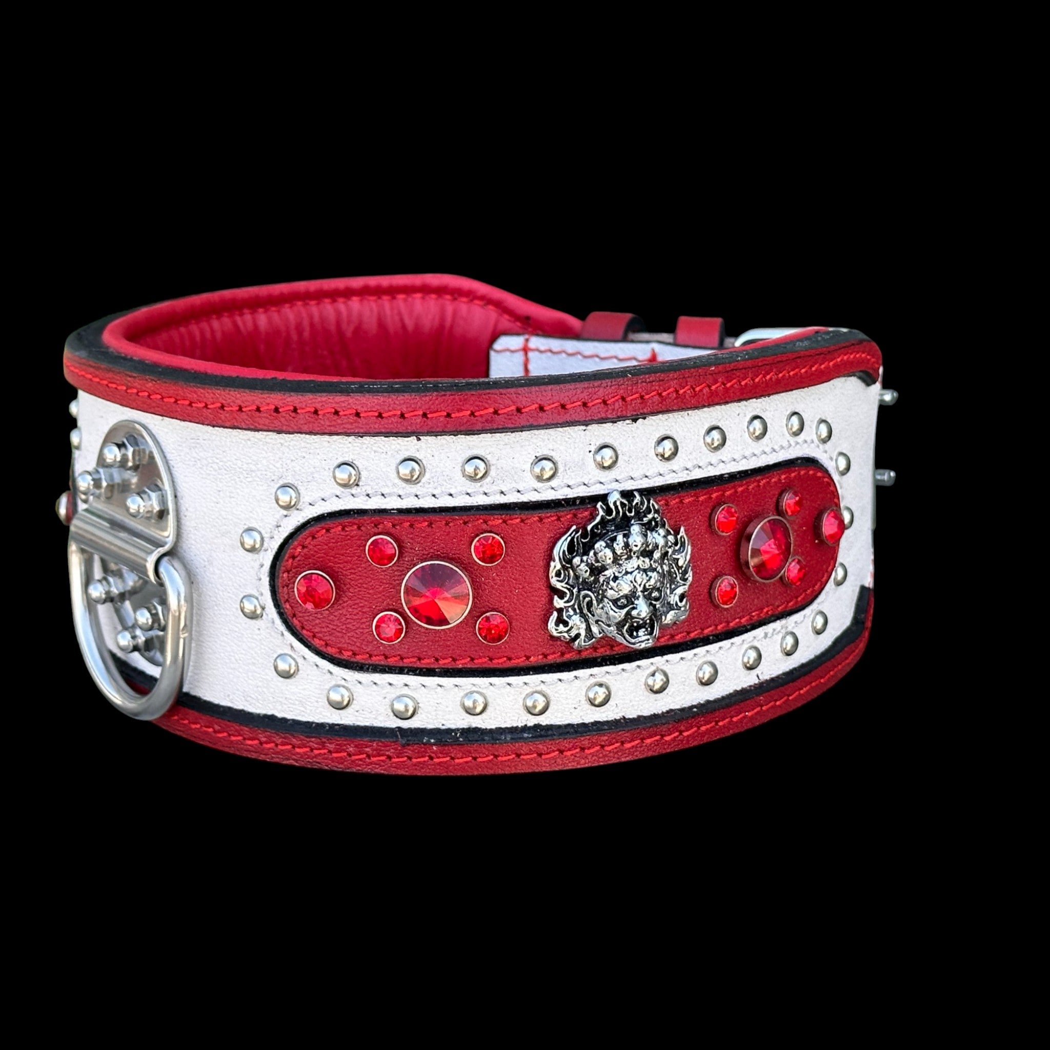 Extra Wide 3.15 Inch Handmade Dog Collar – Red & White Premium Crystal Stones