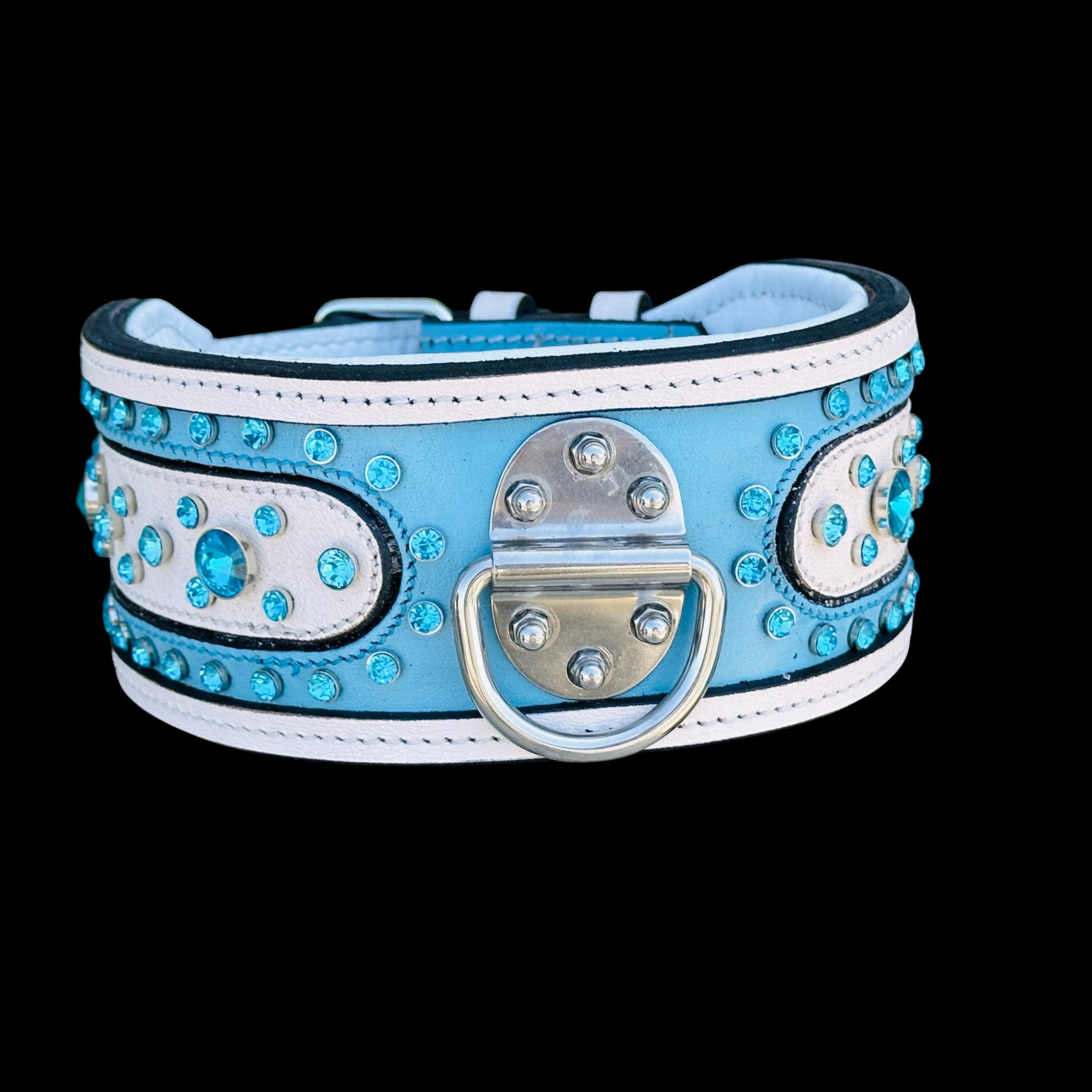 Handcrafted Turquoise Crystal Dog Collar – Wide & Thick Leather Design with Steel D-Ring for Cane Corso, Rottweiler, Doberman, Kangal, American Bully