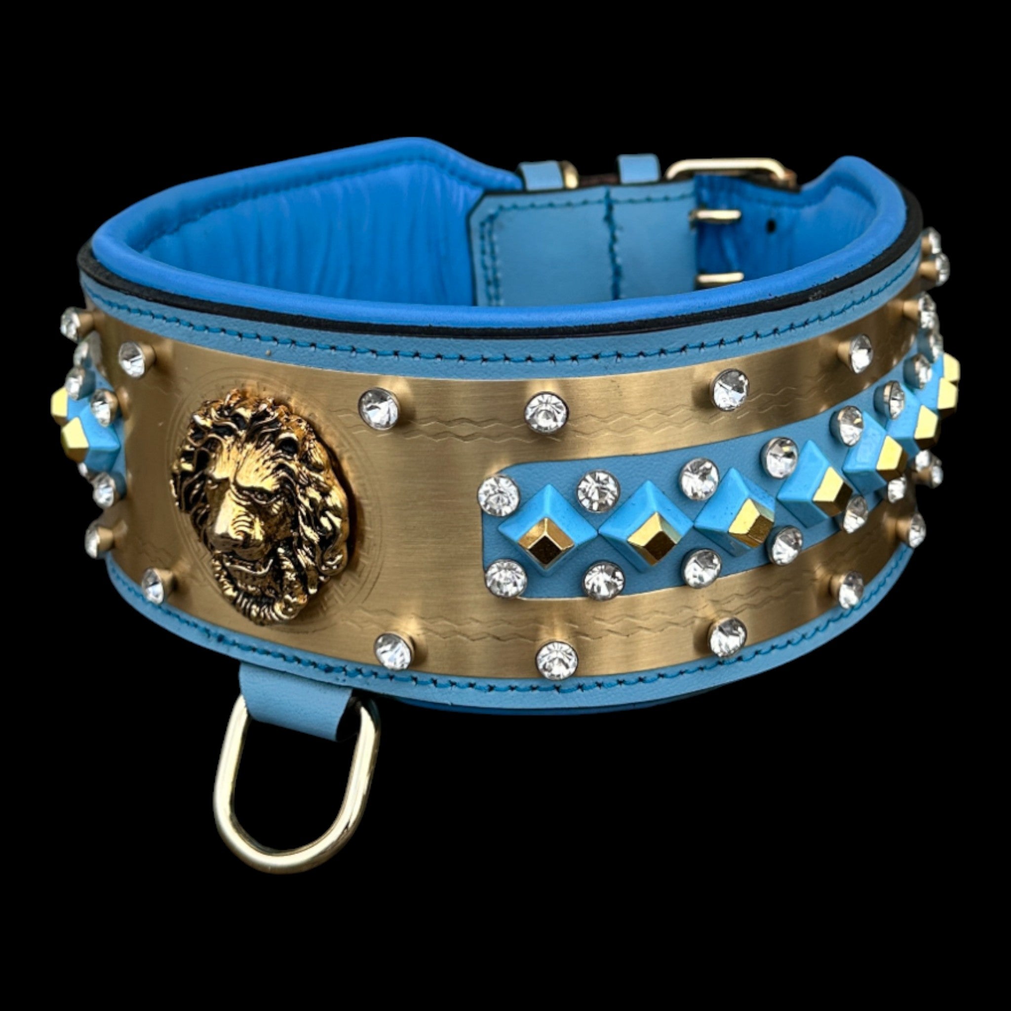 Premium handmade lion logo dog collar by A&C Dog Collars.