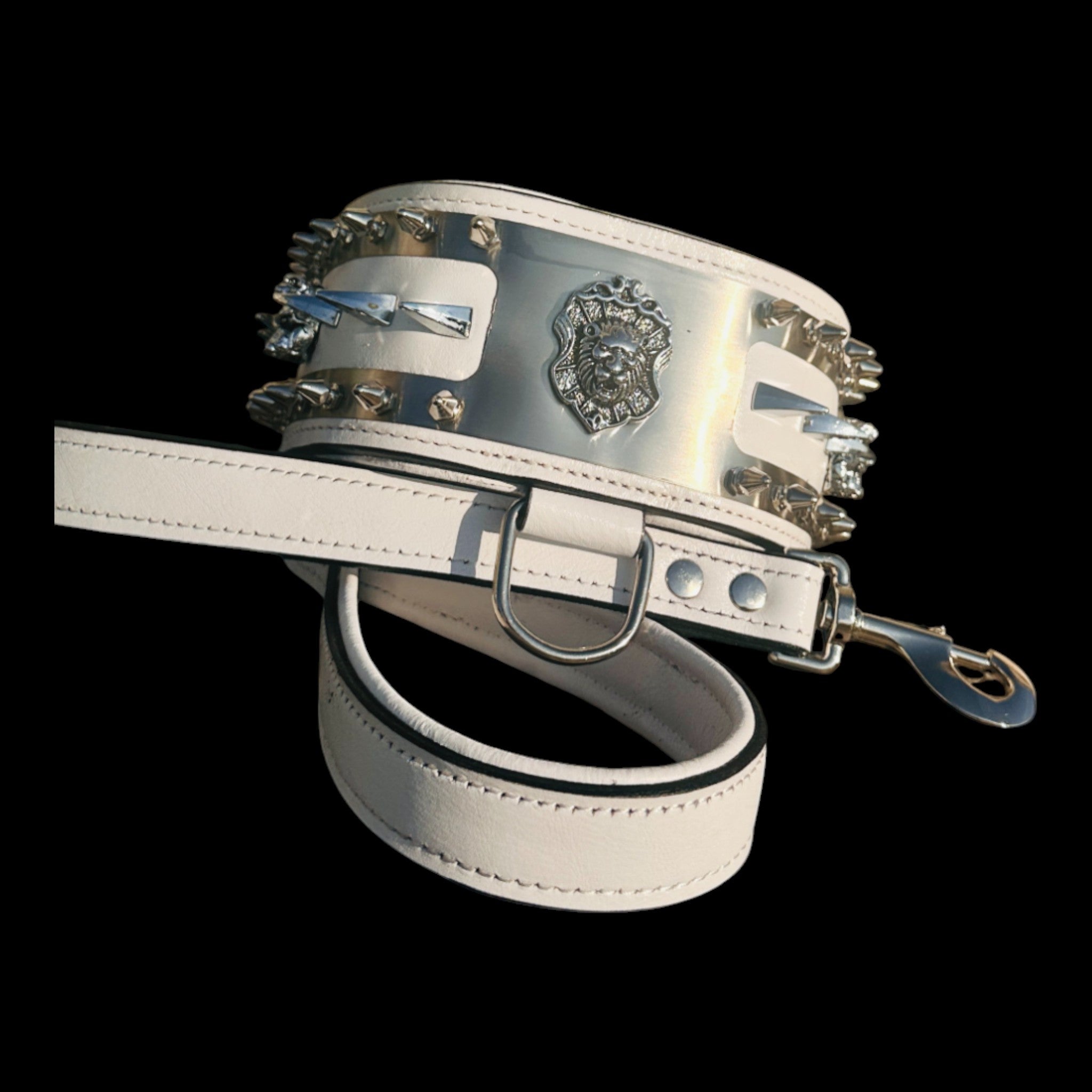 White luxury dog collar set handcrafted for strong breeds