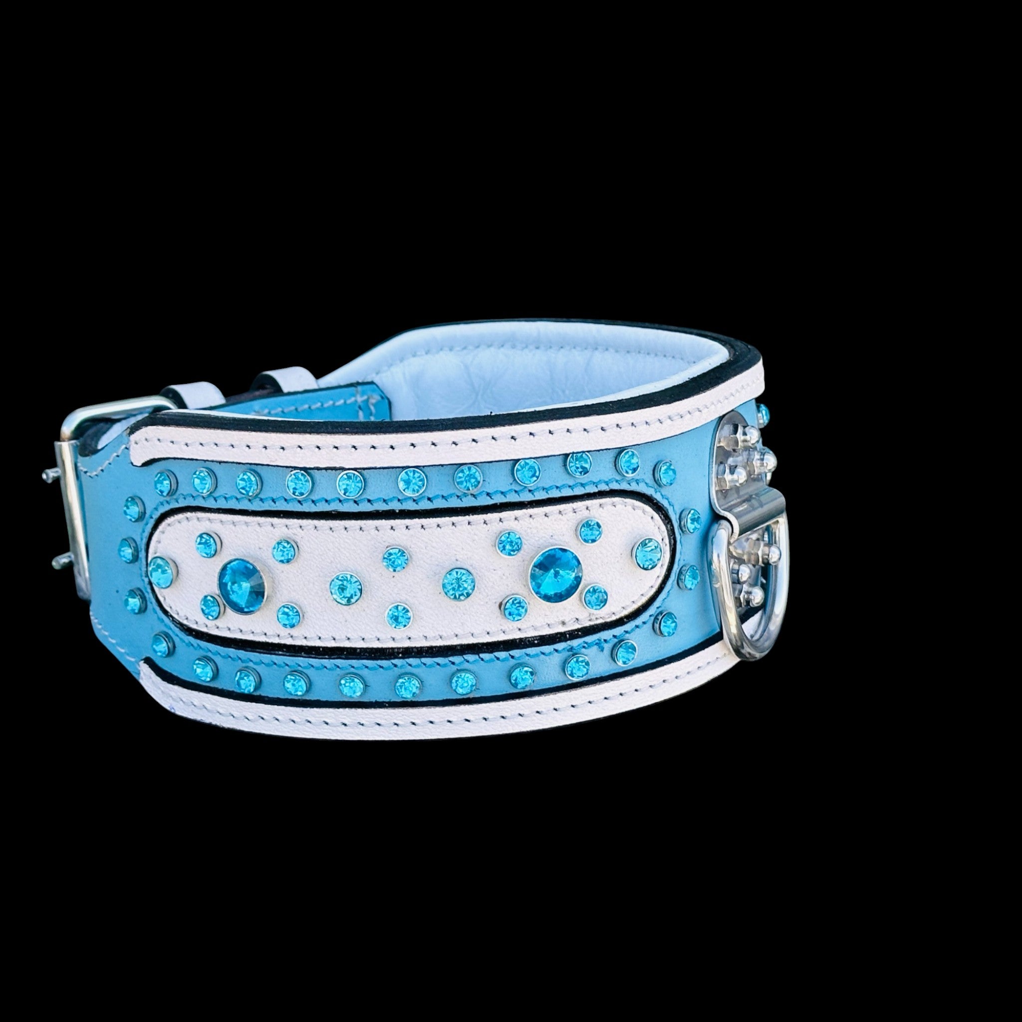 Handcrafted Turquoise Crystal Dog Collar – Wide & Thick Leather Design with Steel D-Ring for Cane Corso, Rottweiler, Doberman, Kangal, American Bully