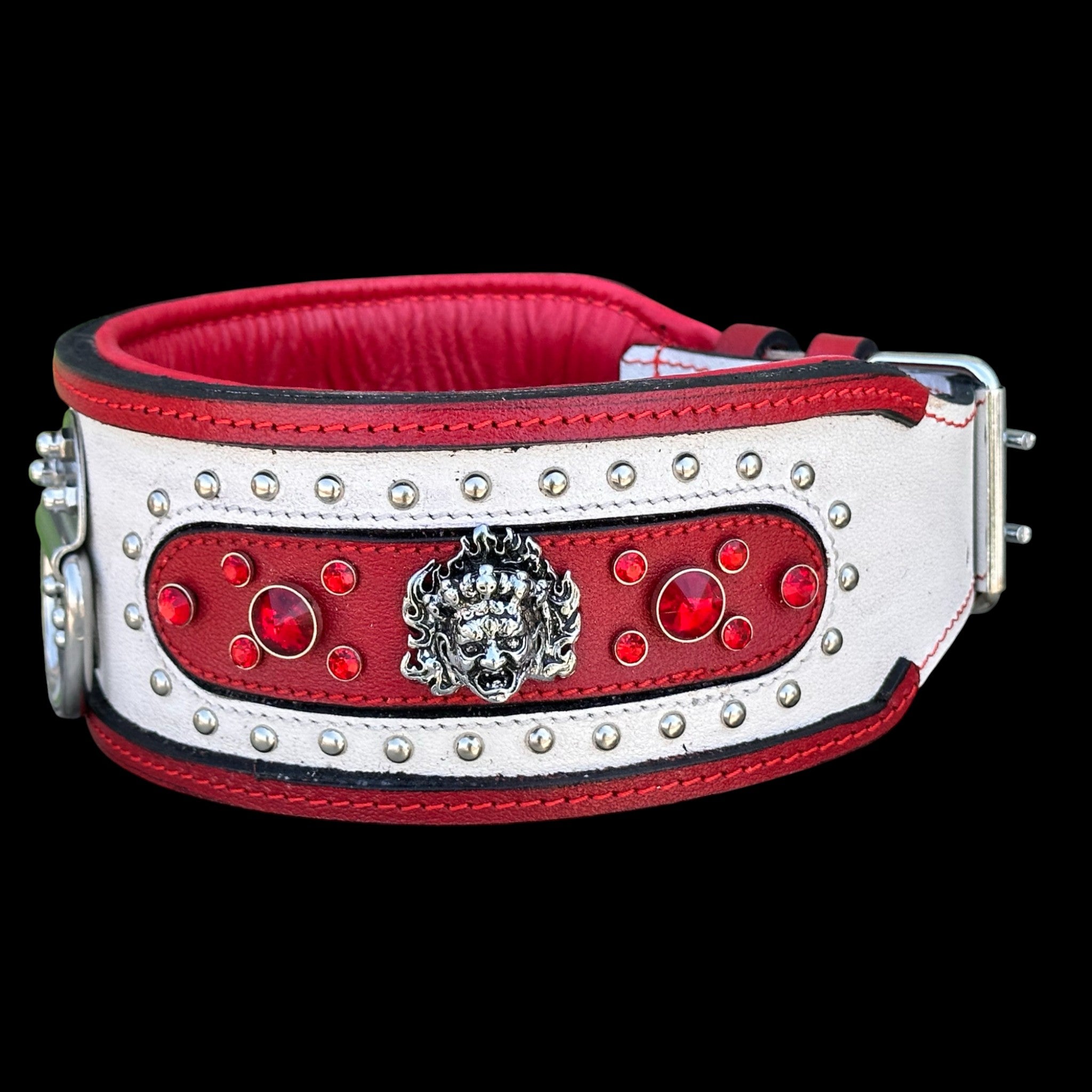 Extra Wide 3.15 Inch Handmade Dog Collar – Red & White Premium Crystal Stones