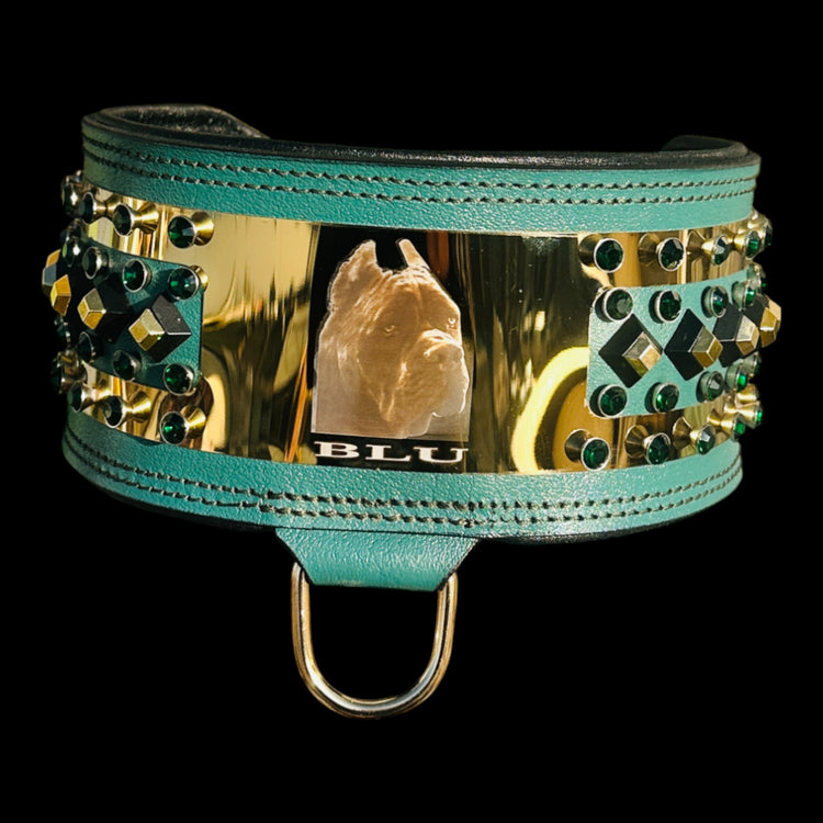Handmade turquoise and gold leather dog collar