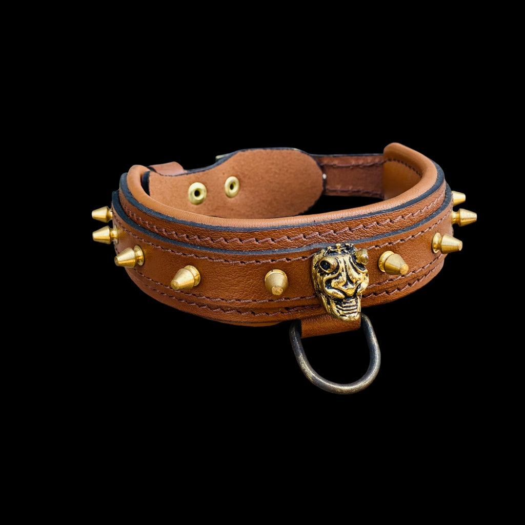 Luxury 4cm wide bully head dog collar with golden spikes, strong leather design for large breeds like Cane Corso, Rottweiler, Kangal, Doberman, Belgian Malinois, K9, American Bully