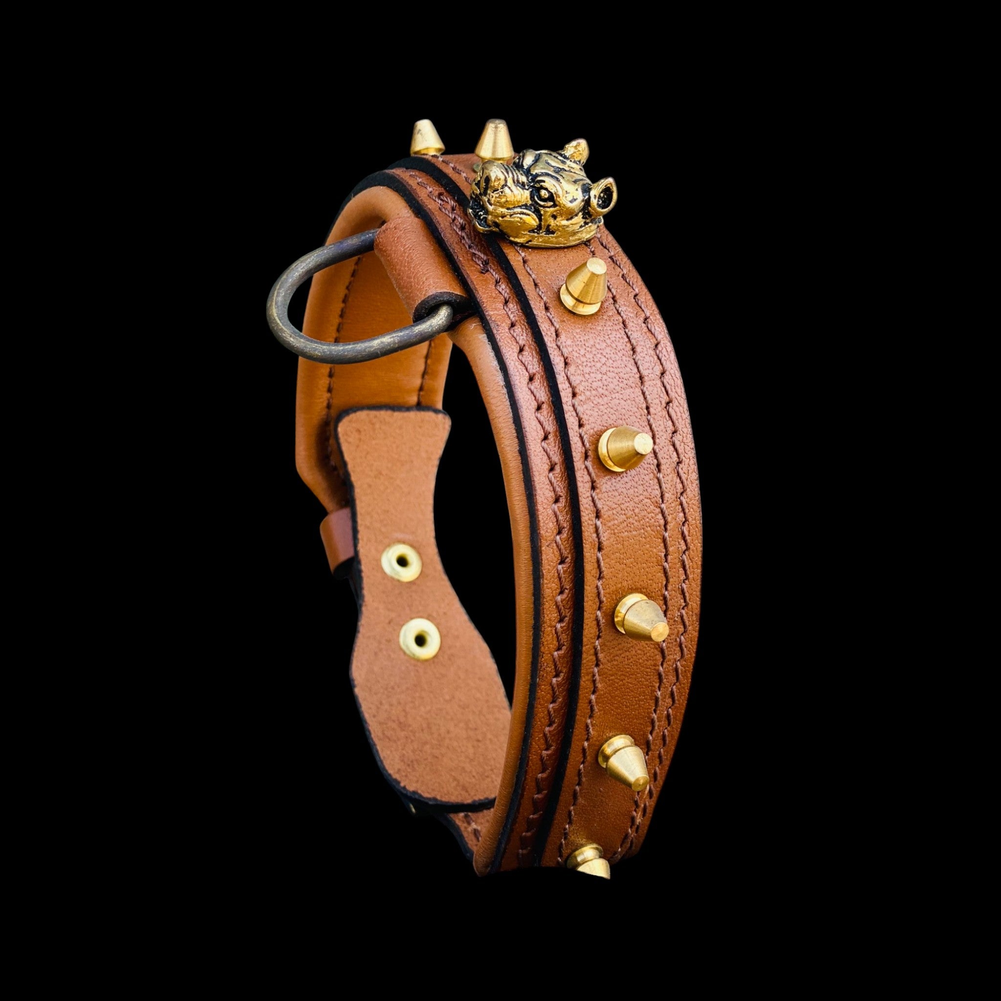 4cm handmade brown leather dog collar with gold bully head emblem and brass spikes – durable collar for Cane Corso, Rottweiler, Doberman, Kangal, Malinois, K9, American Bully