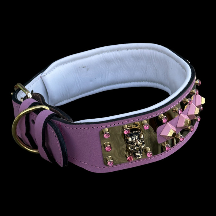 QUEEN ROAR luxury pink leather and gold stainless dog collar