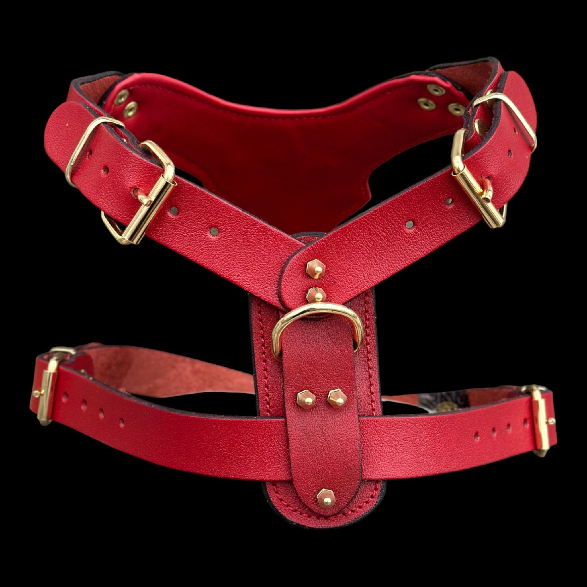 InfernoSkull™ Royale – Red Buffalo Leather Dog Harness with Gold Skull Emblem