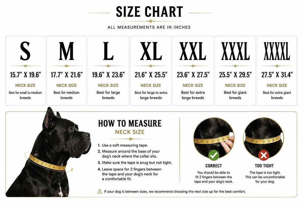 Dog collar size chart showing how to measure your dog's neck for the correct collar size