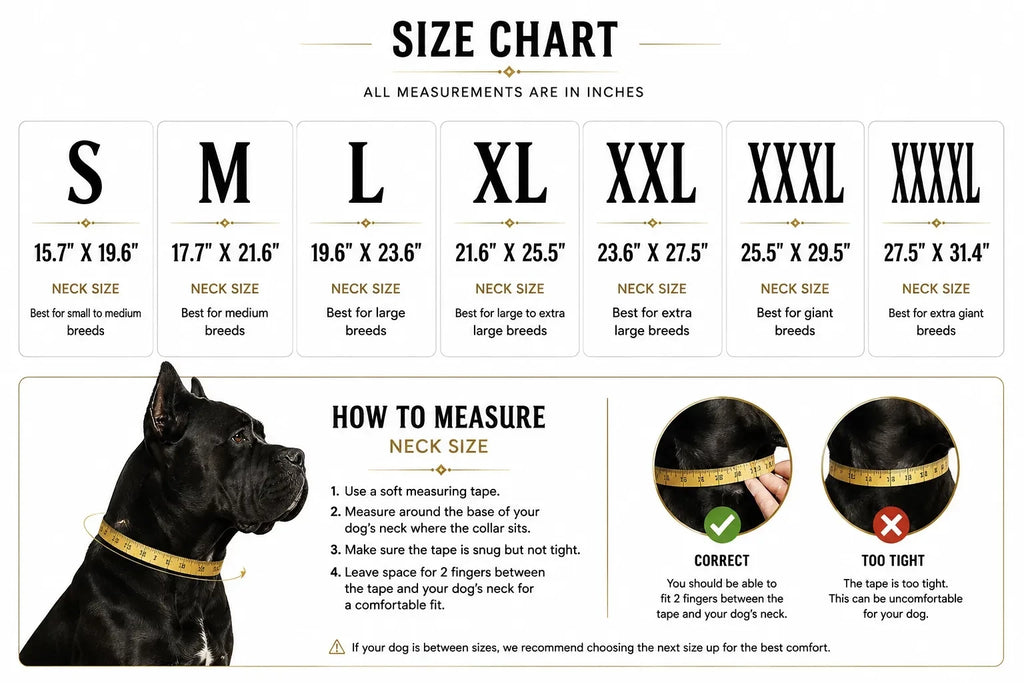 Dog collar size chart showing how to measure your dog's neck for the correct collar size