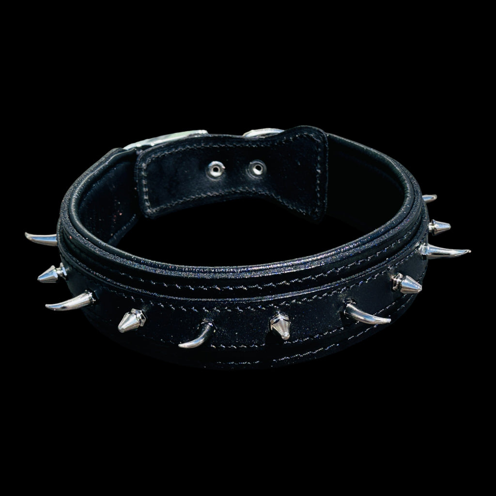 Handmade black leather dog collar with ivory-style spikes for large breeds