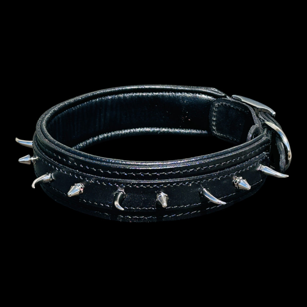 Handmade black leather dog collar with ivory-style spikes for large breeds