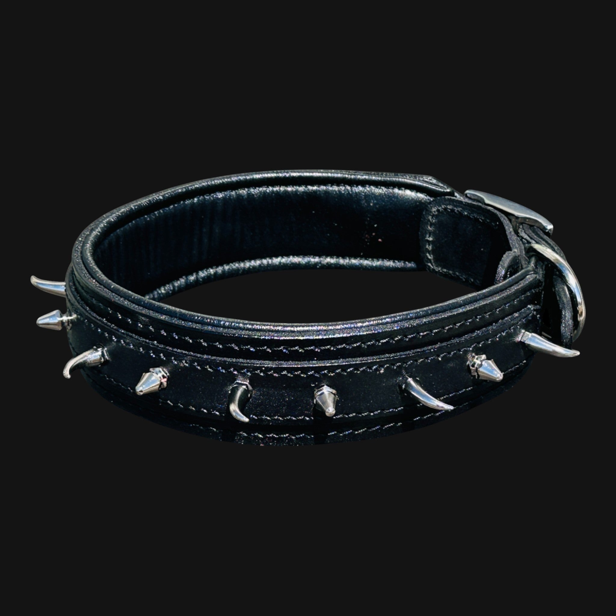 Handmade black leather dog collar with ivory-style spikes for large breeds - A&C Dog Collars
