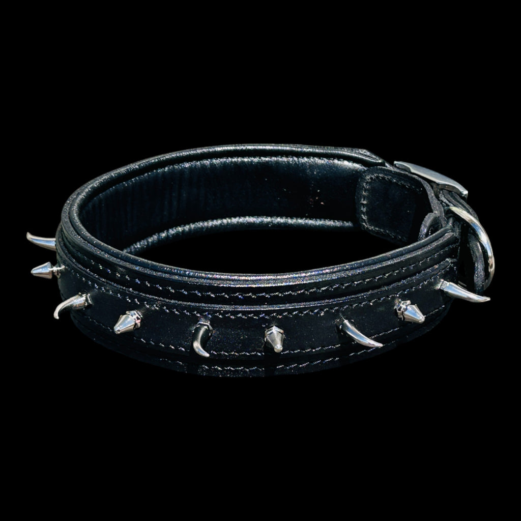 Handmade black leather dog collar with ivory-style spikes for large breeds