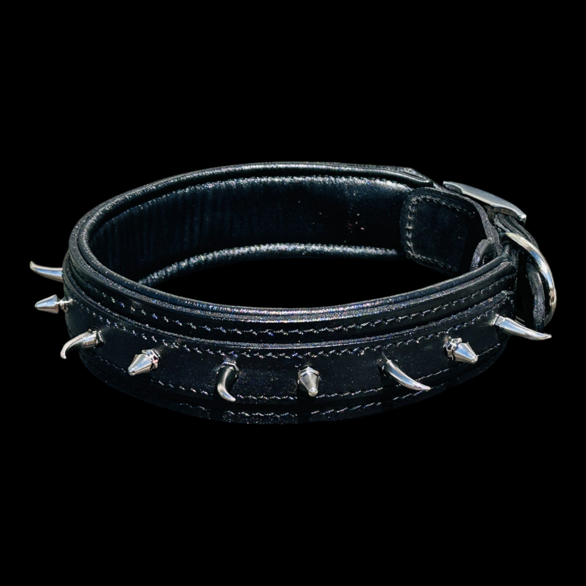 Handmade black leather dog collar with ivory-style spikes for large breeds