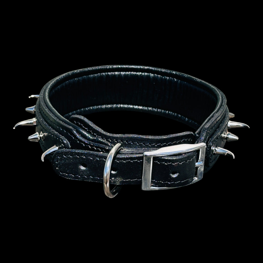 Handmade black leather dog collar with ivory-style spikes for large breeds