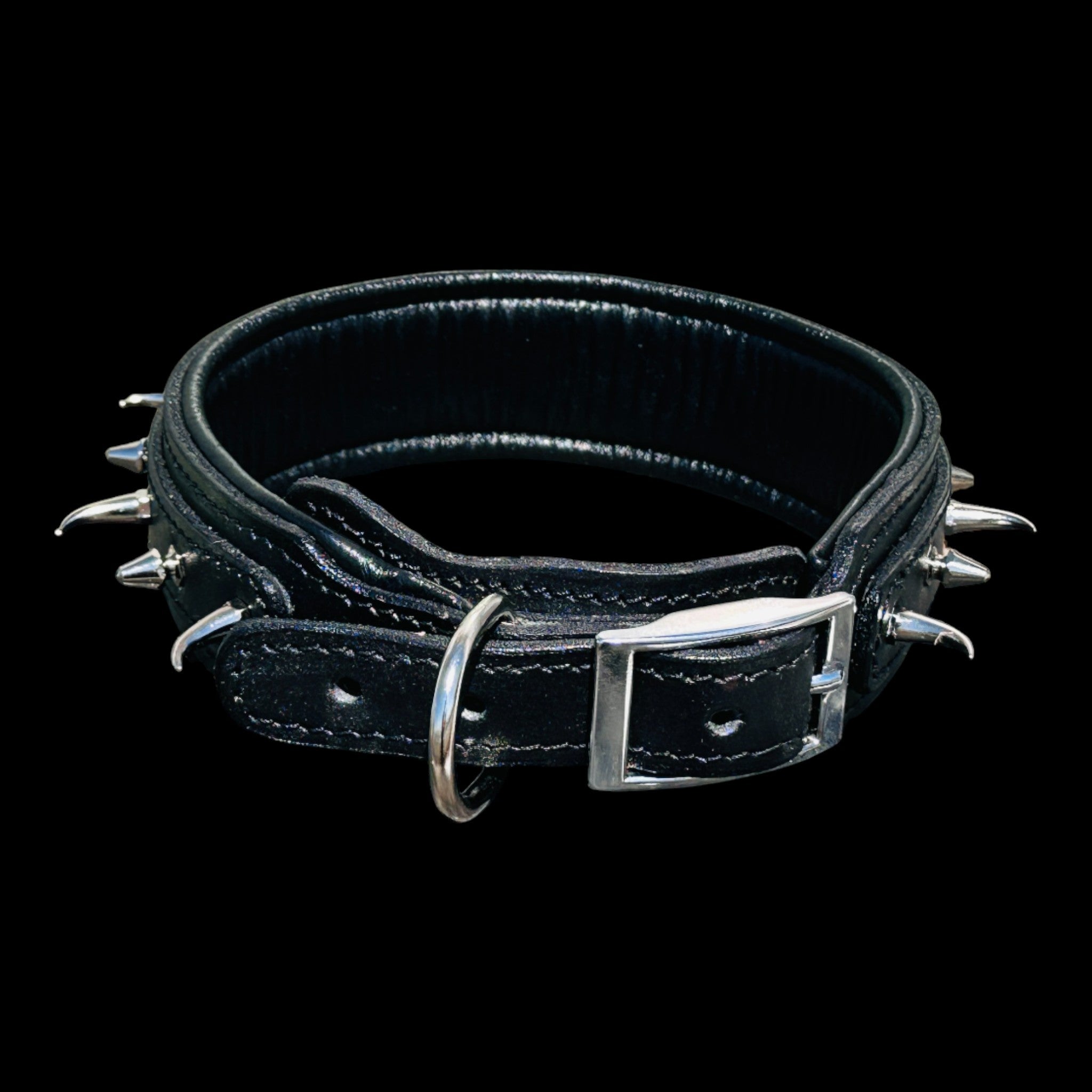 Handmade black leather dog collar with ivory-style spikes for large breeds