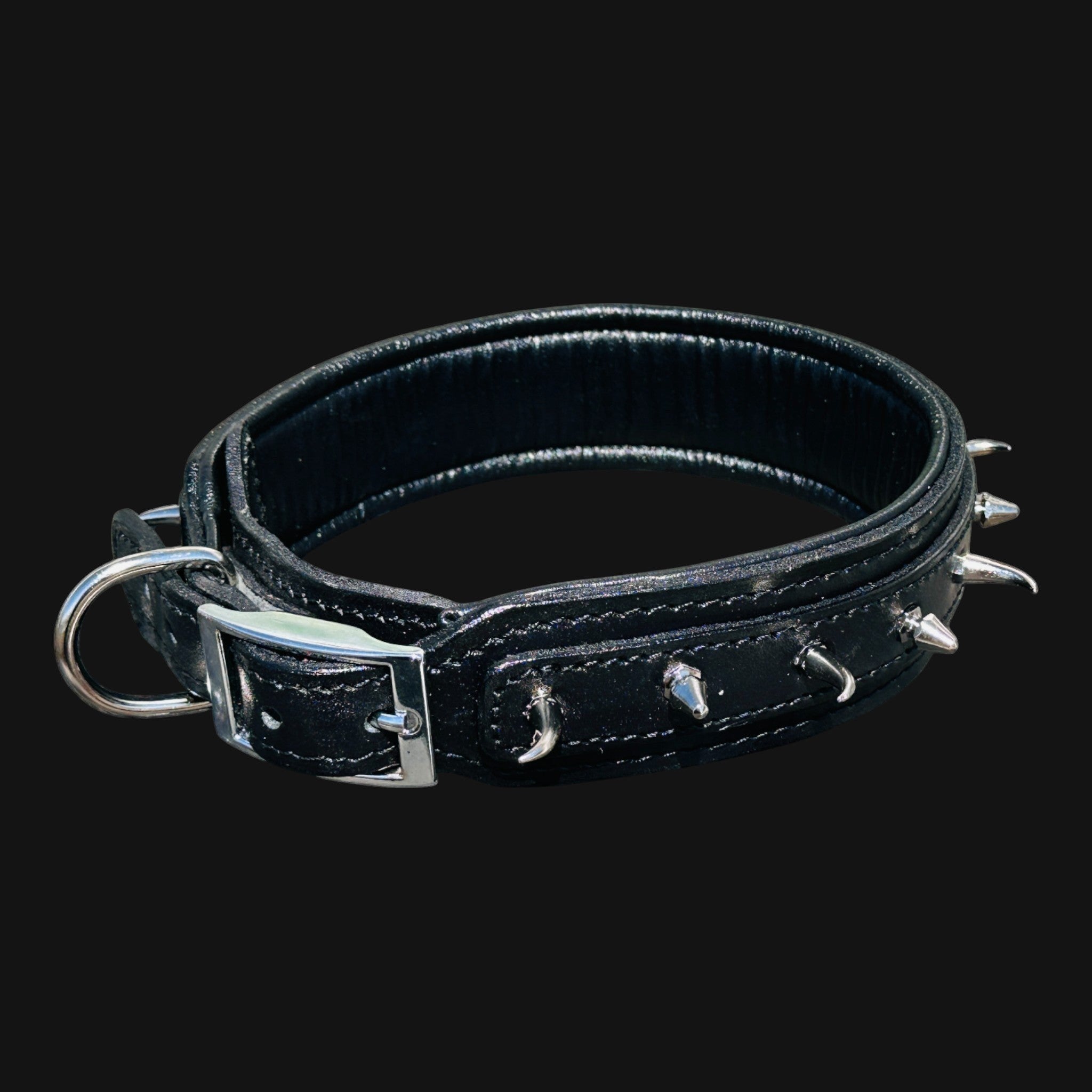 Handmade black leather dog collar with ivory-style spikes for large breeds - A&C Dog Collars
