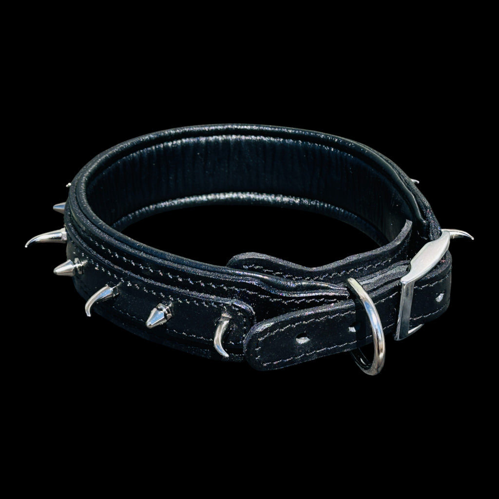 Handmade black leather dog collar with ivory-style spikes for large breeds