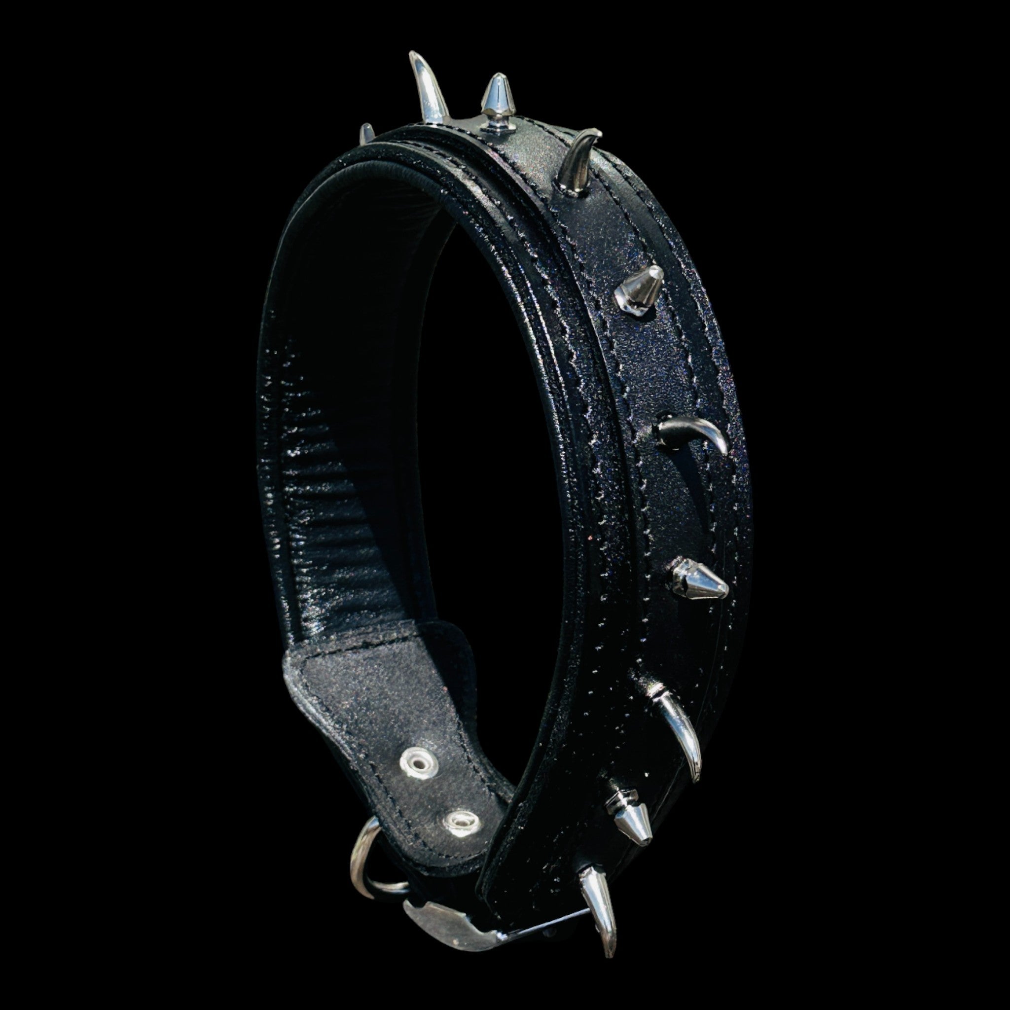 Handmade black leather dog collar with ivory-style spikes for large breeds