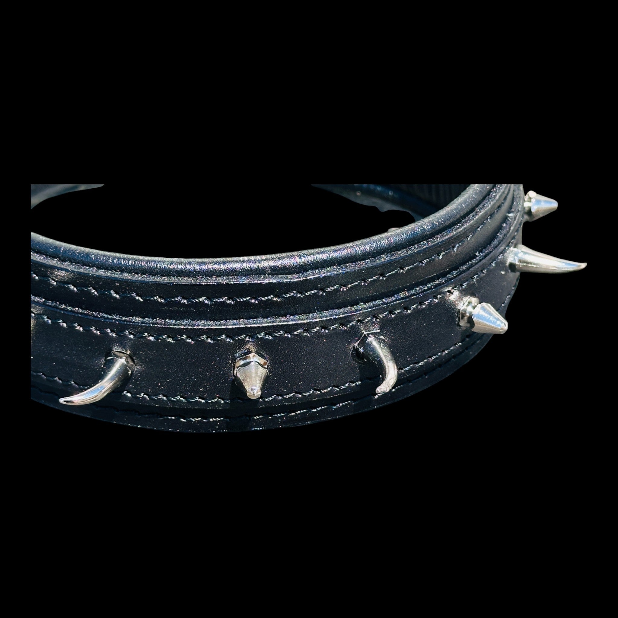 Handmade black leather dog collar with ivory-style spikes for large breeds