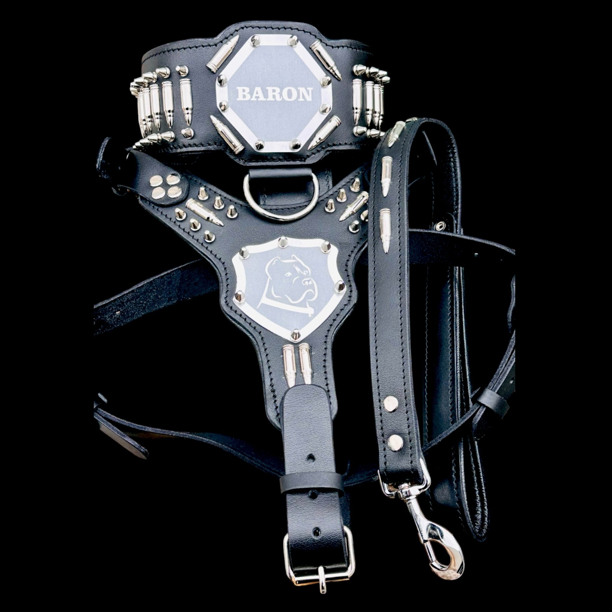 Custom Name Dog Harness Set – Handmade Black Leather Spiked Collar, Harness & Leash