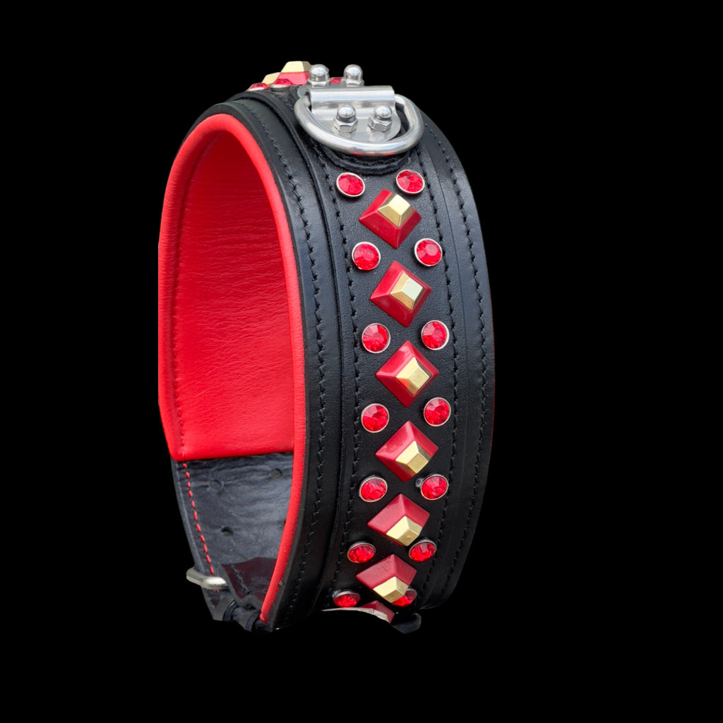 Handmade Black Leather Dog Collar & Leash Set with Red Crystal Stones – Luxury Wide Design