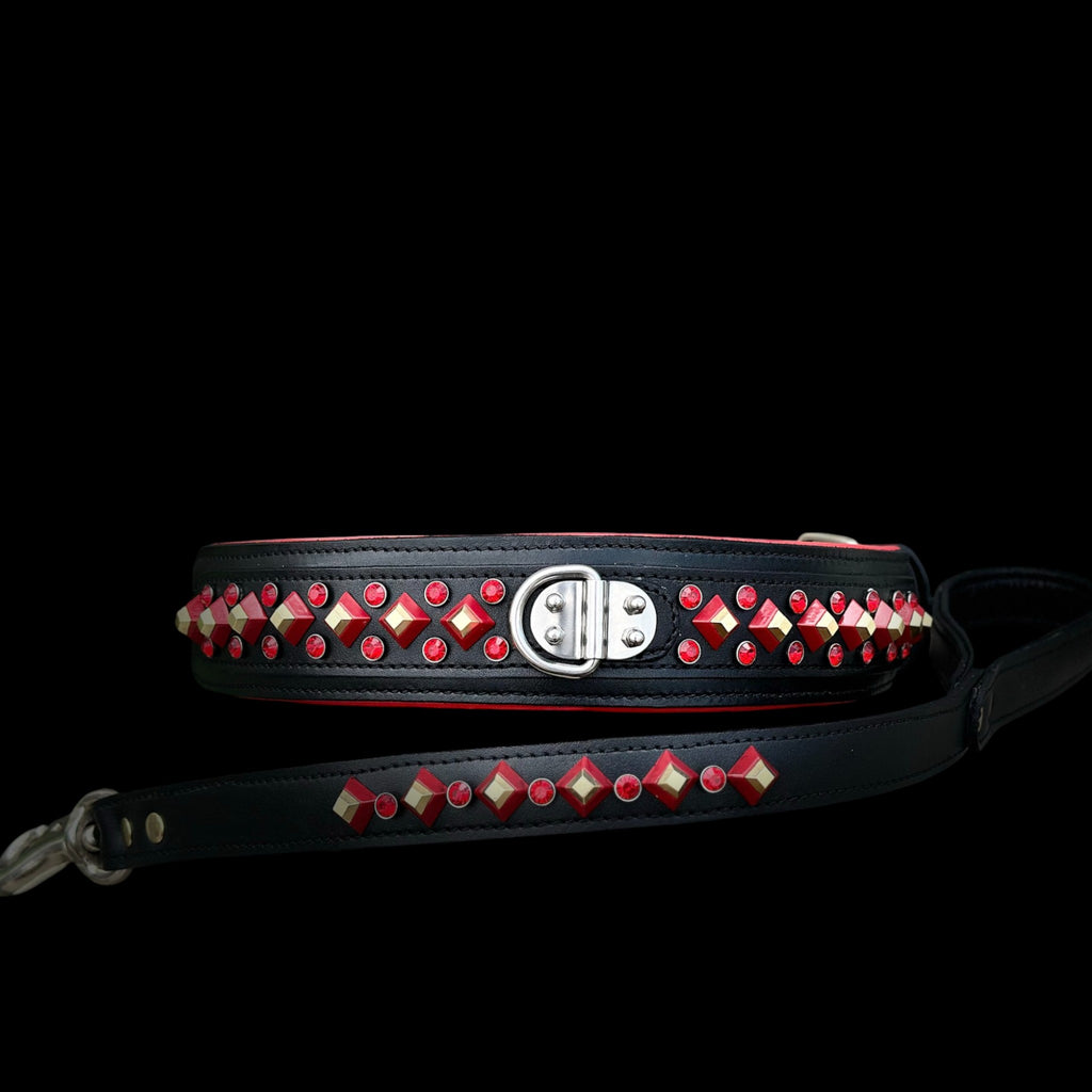 Handmade Black Leather Dog Collar & Leash Set with Red Crystal Stones – Luxury Wide Design