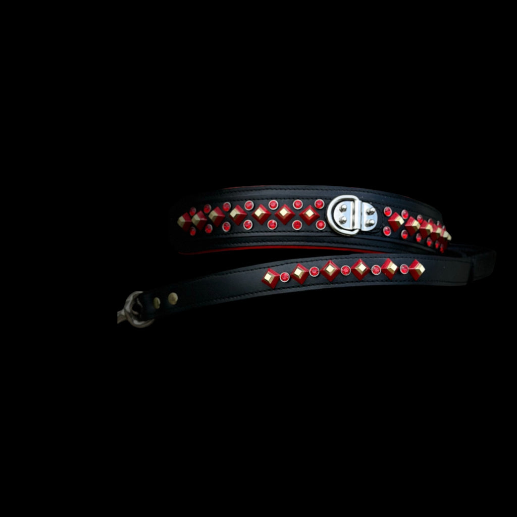 Handmade Black Leather Dog Collar & Leash Set with Red Crystal Stones – Luxury Wide Design