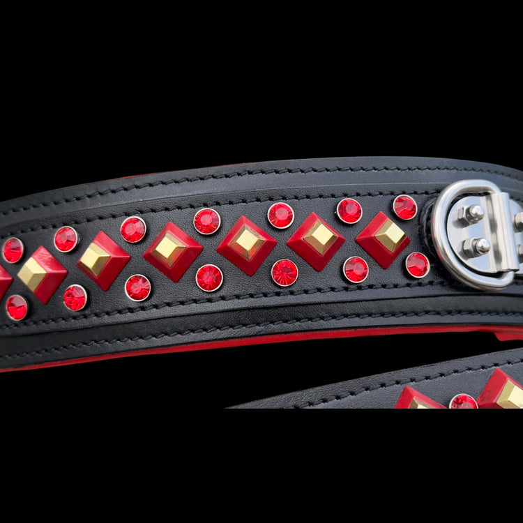 Handmade Black Leather Dog Collar & Leash Set with Red Crystal Stones – Luxury Wide Design - A&C Dog Collars