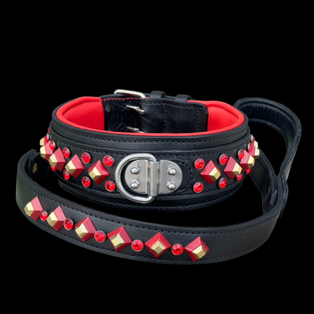 Handmade Black Leather Dog Collar & Leash Set with Red Crystal Stones – Luxury Wide Design