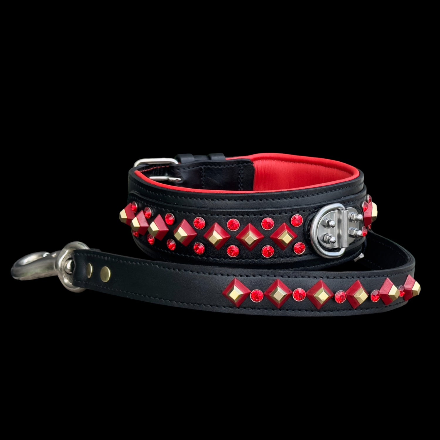 Handmade Black Leather Dog Collar & Leash Set with Red Crystal Stones – Luxury Wide Design - A&C Dog Collars