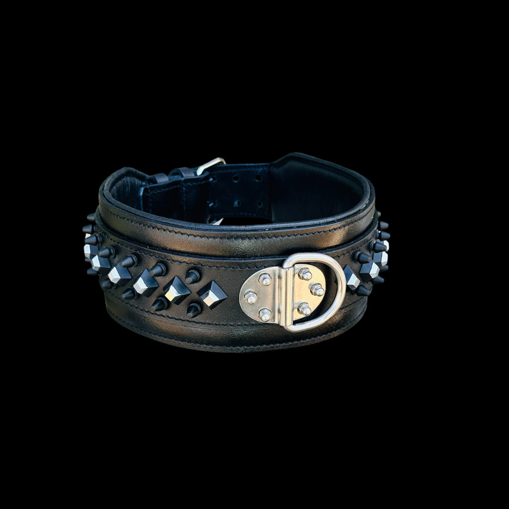 A&C Premium Black Leather Wide Collar — Stud & Crystal Detail | Fits American Bully, Cane Corso, Rottweiler, Kangal, Doberman, Belgian Malinois, K9, German Shepherd