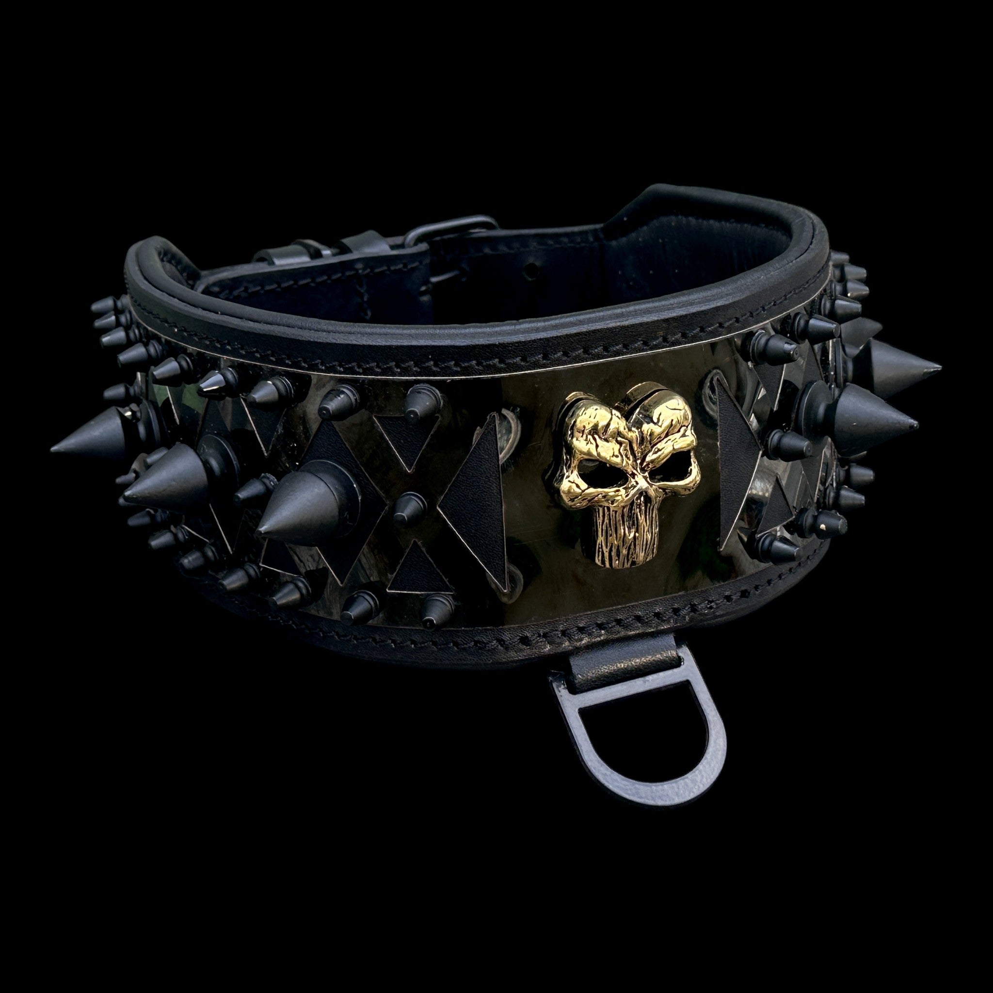 A Premium Black Leather Dog Collar with Punisher Logo – Spiked Heavy Duty for Large Breeds