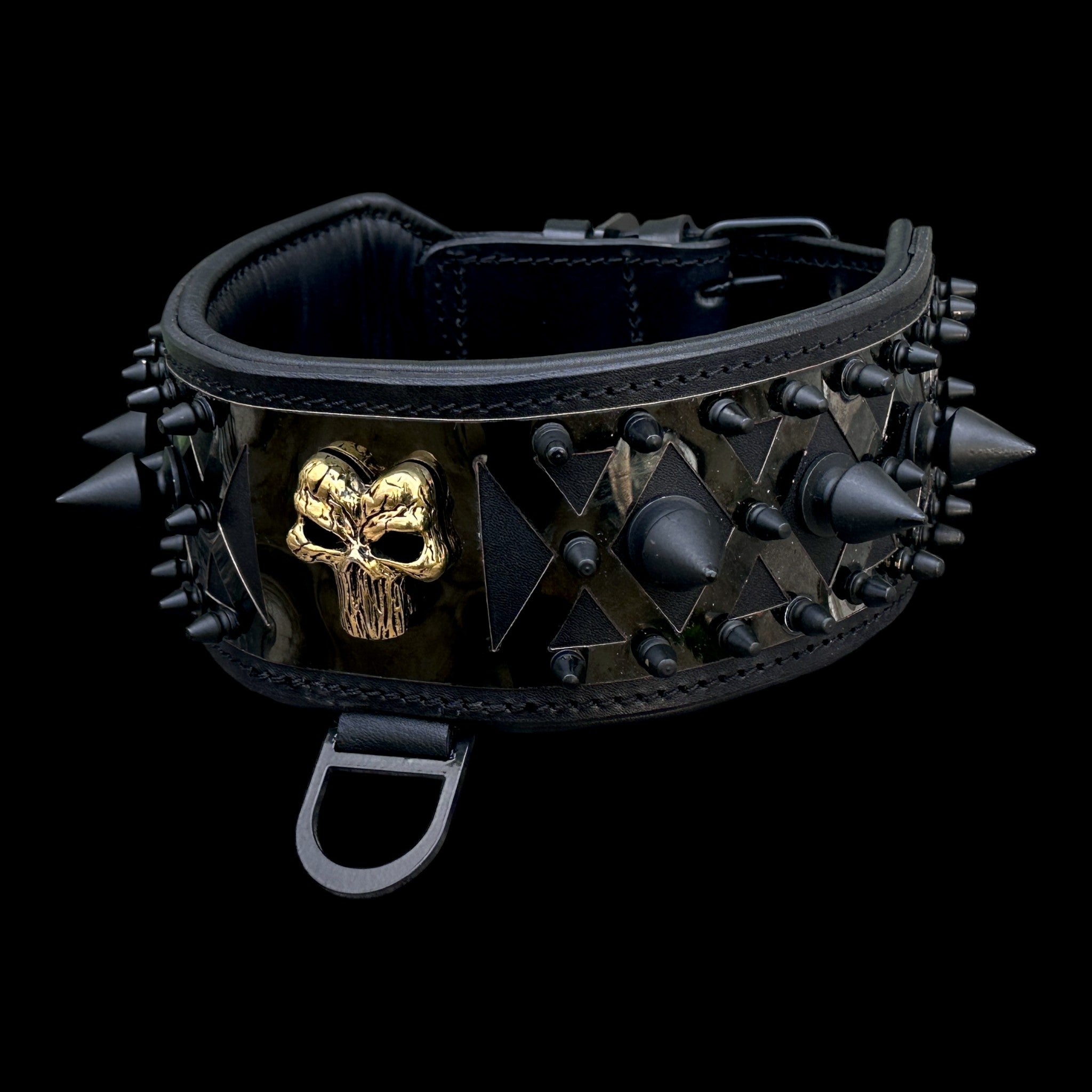 A Premium Black Leather Dog Collar with Punisher Logo – Spiked Heavy Duty for Large Breeds