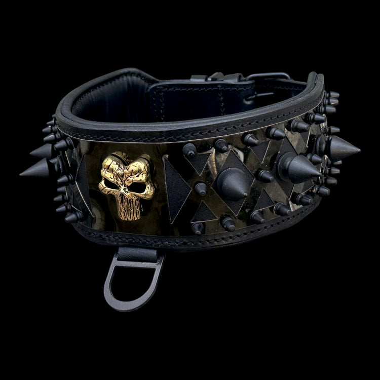 Black leather dog collar with Punisher logo and spikes, heavy-duty design for large breeds, by Mağazam.