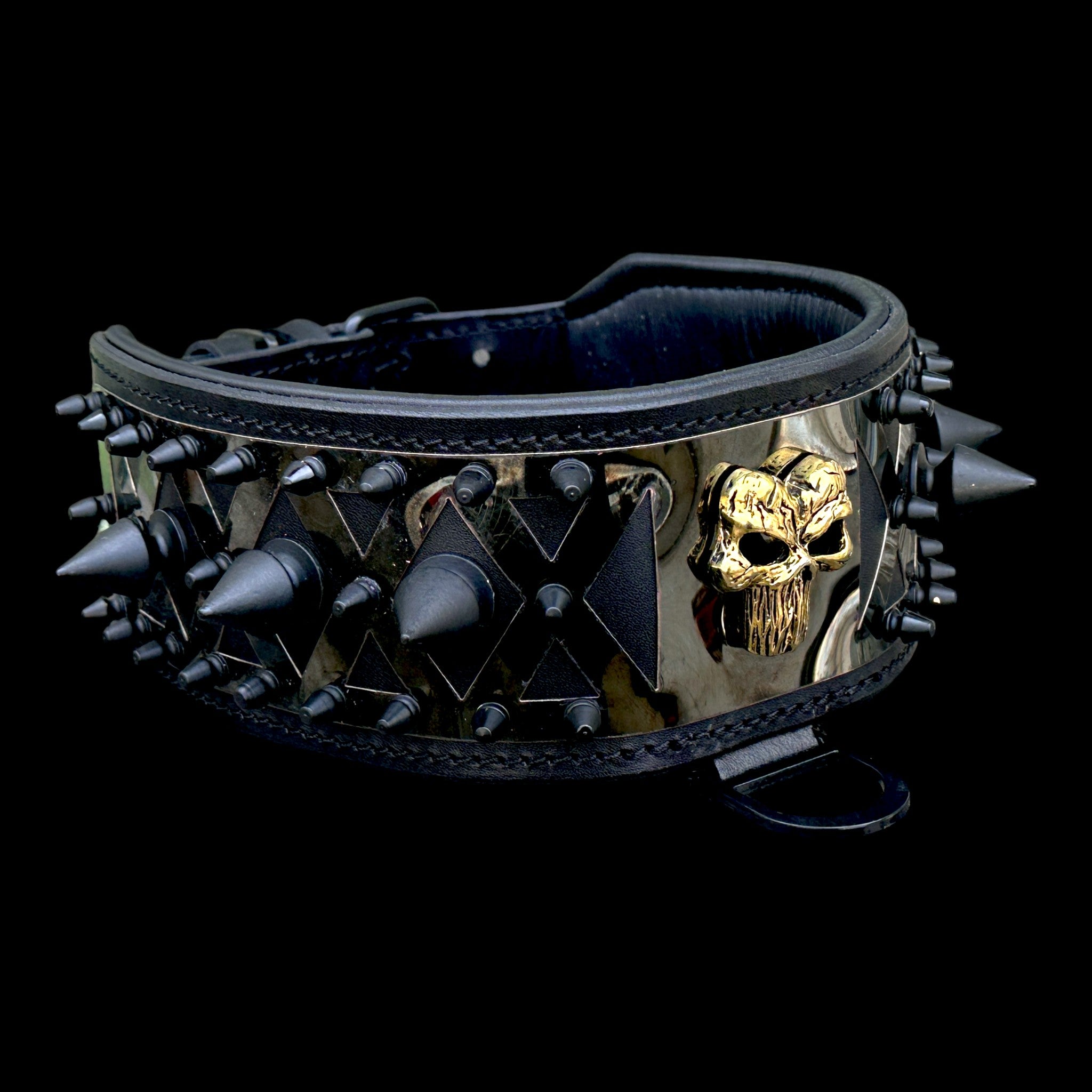 A Premium Black Leather Dog Collar with Punisher Logo – Spiked Heavy Duty for Large Breeds