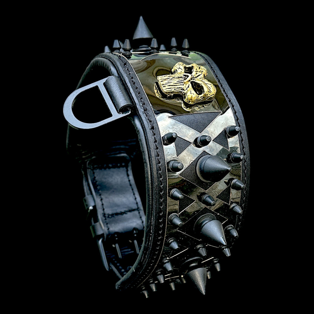 A Premium Black Leather Dog Collar with Punisher Logo – Spiked Heavy Duty for Large Breeds