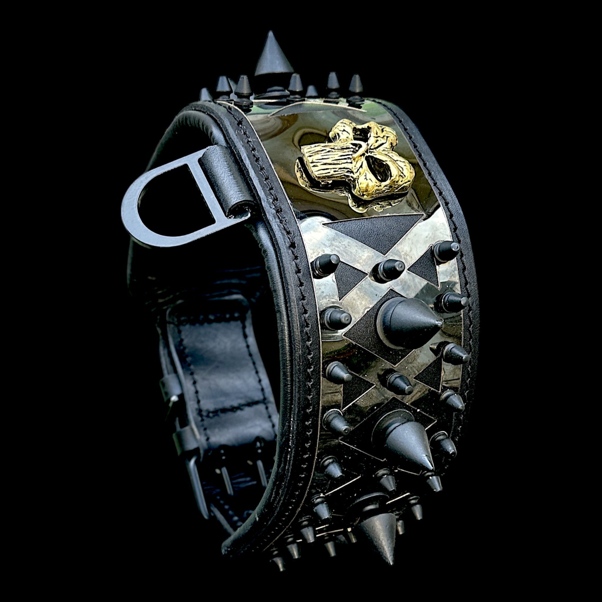 A Premium Black Leather Dog Collar with Punisher Logo – Spiked Heavy Duty for Large Breeds