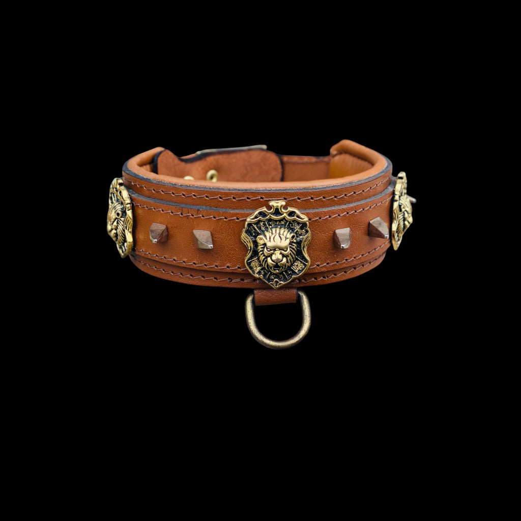 Handmade lion emblem leather dog collar for large breeds