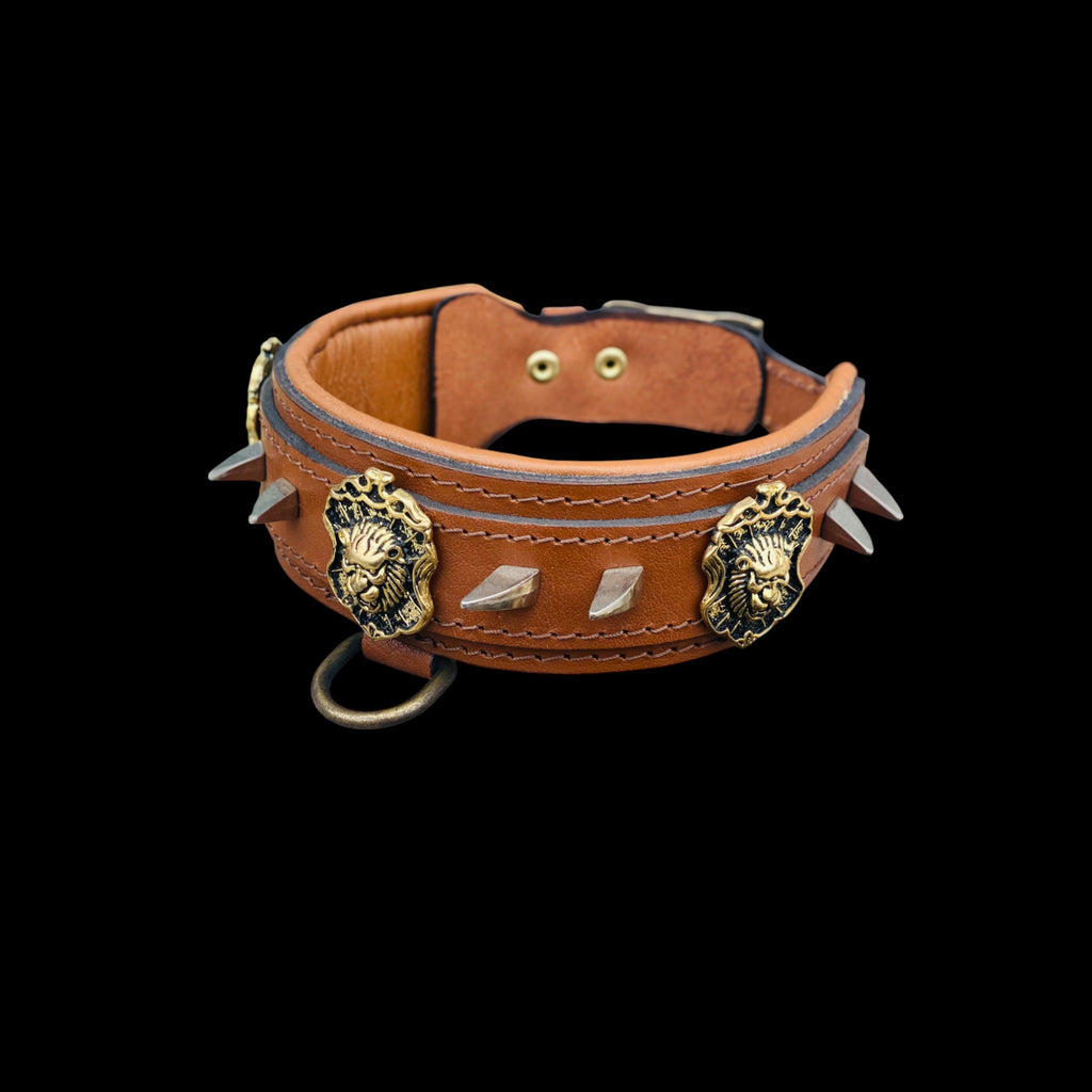 Handmade lion emblem leather dog collar for large breeds