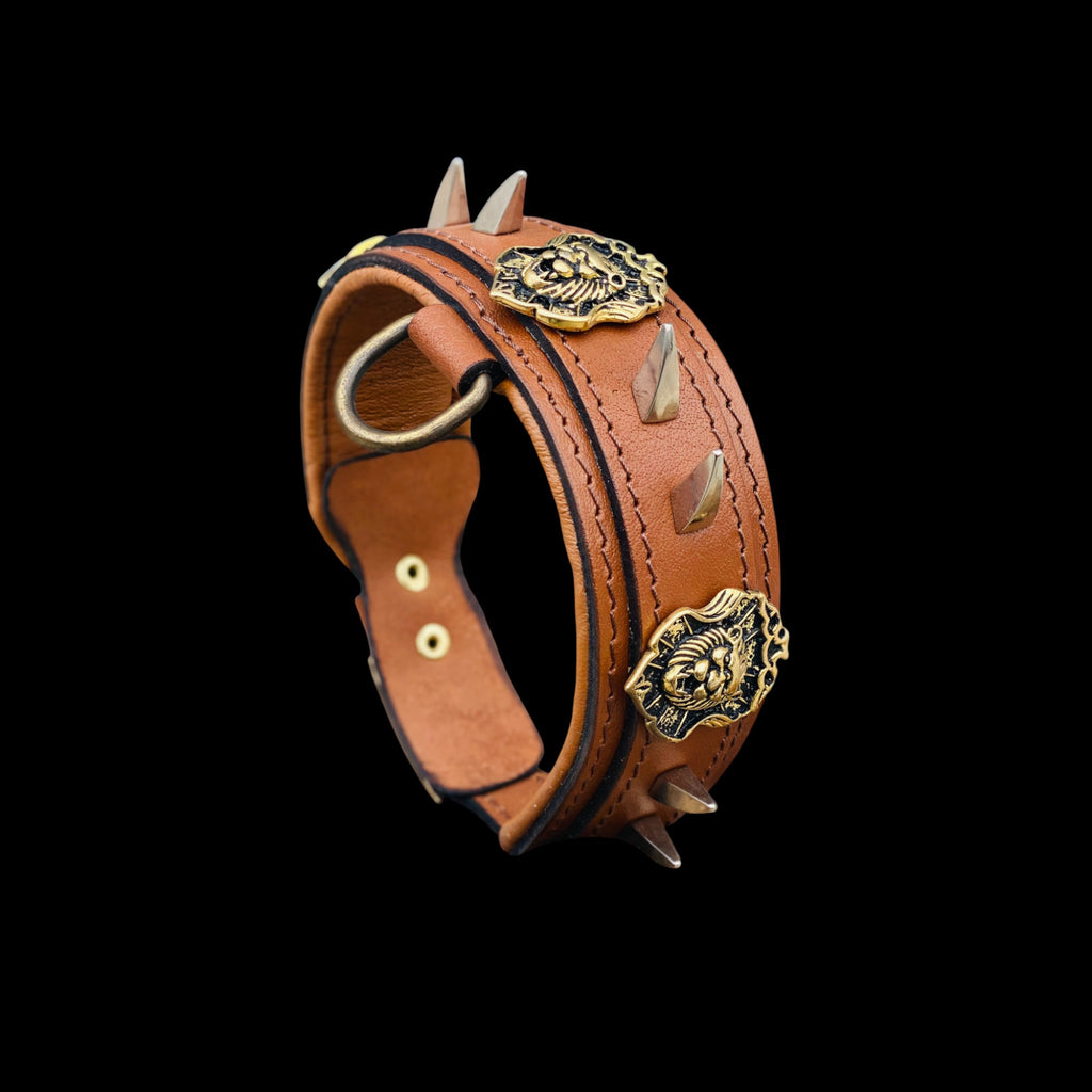 Handmade lion emblem leather dog collar for large breeds
