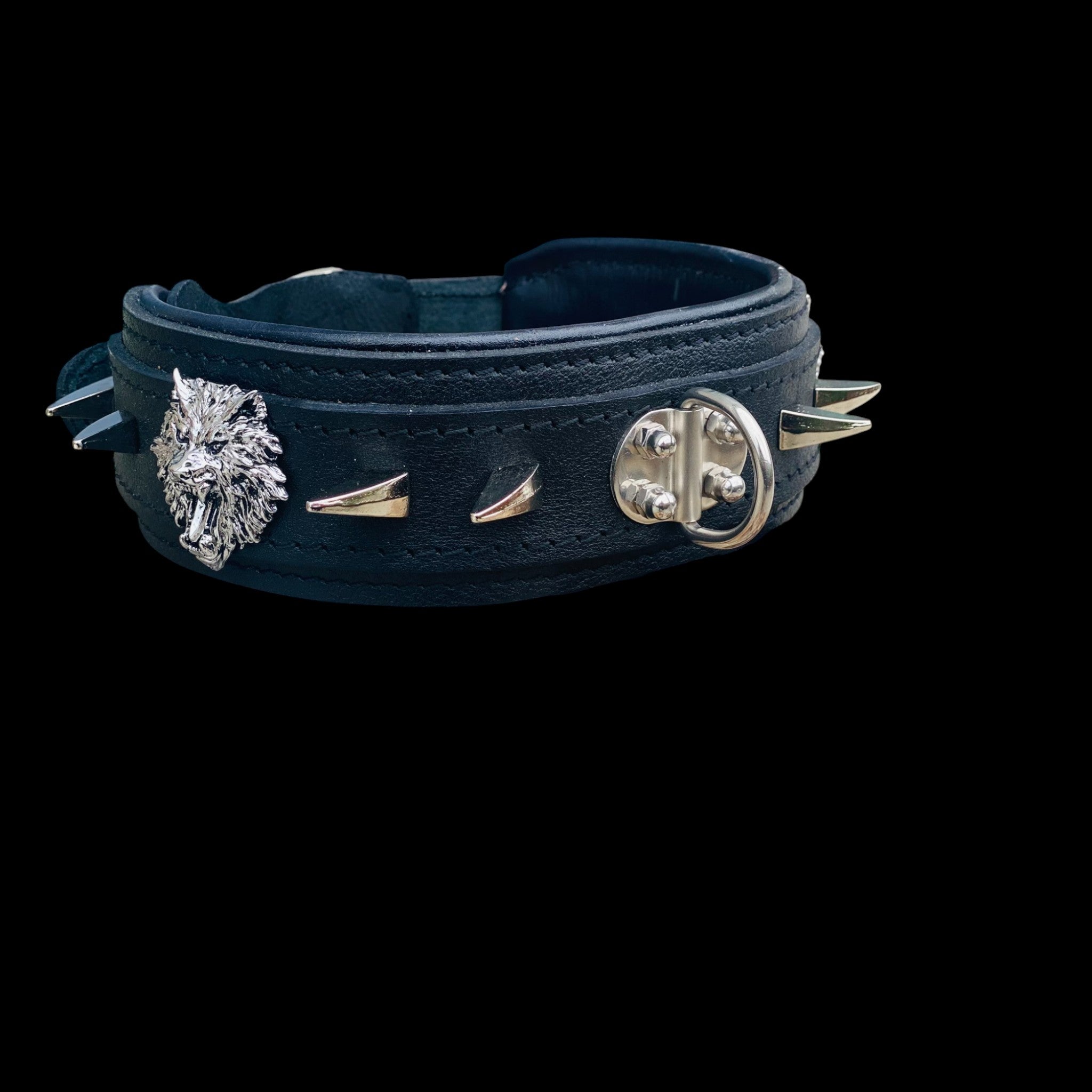 Custom wolf emblem leather dog collar for large breeds