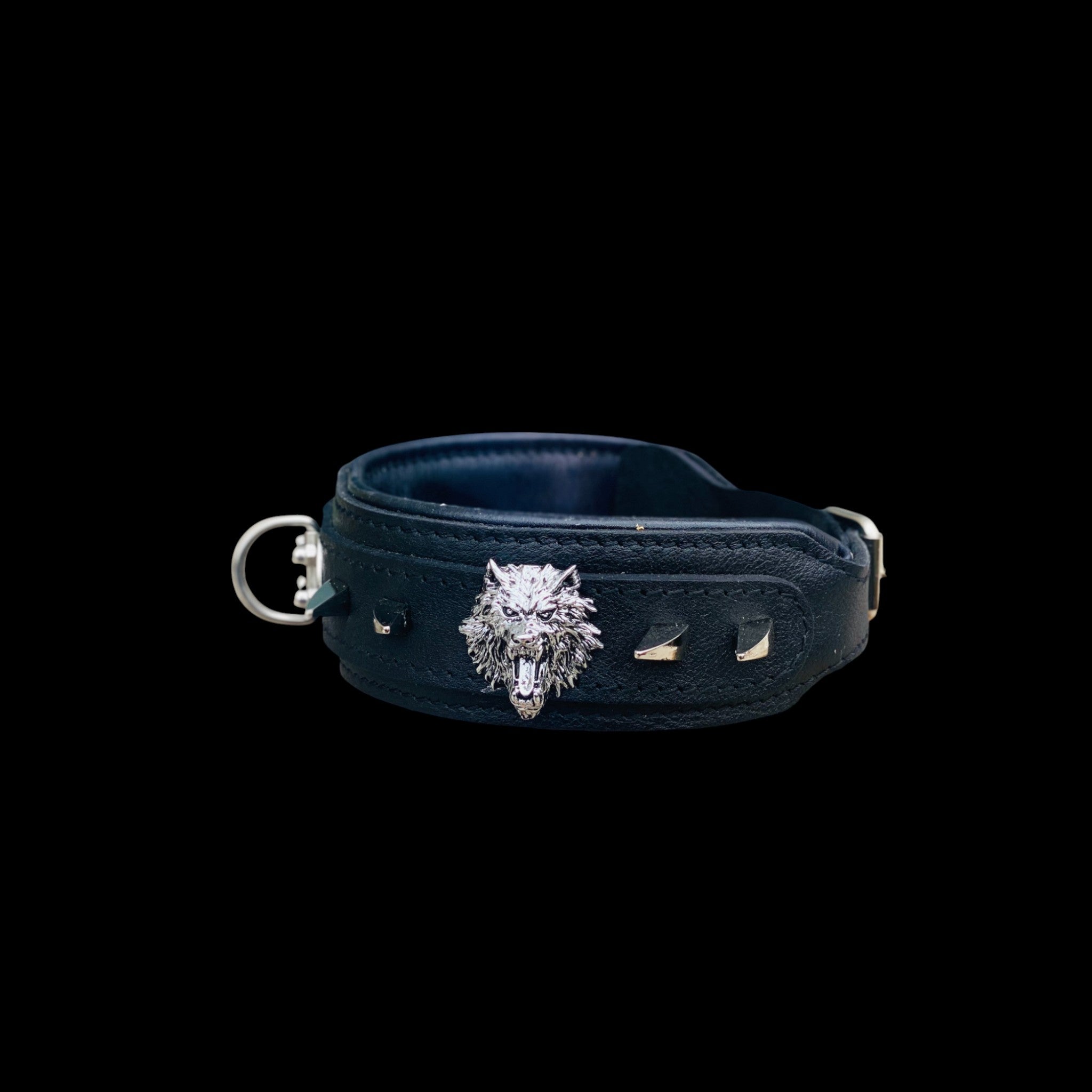 Custom wolf emblem leather dog collar for large breeds