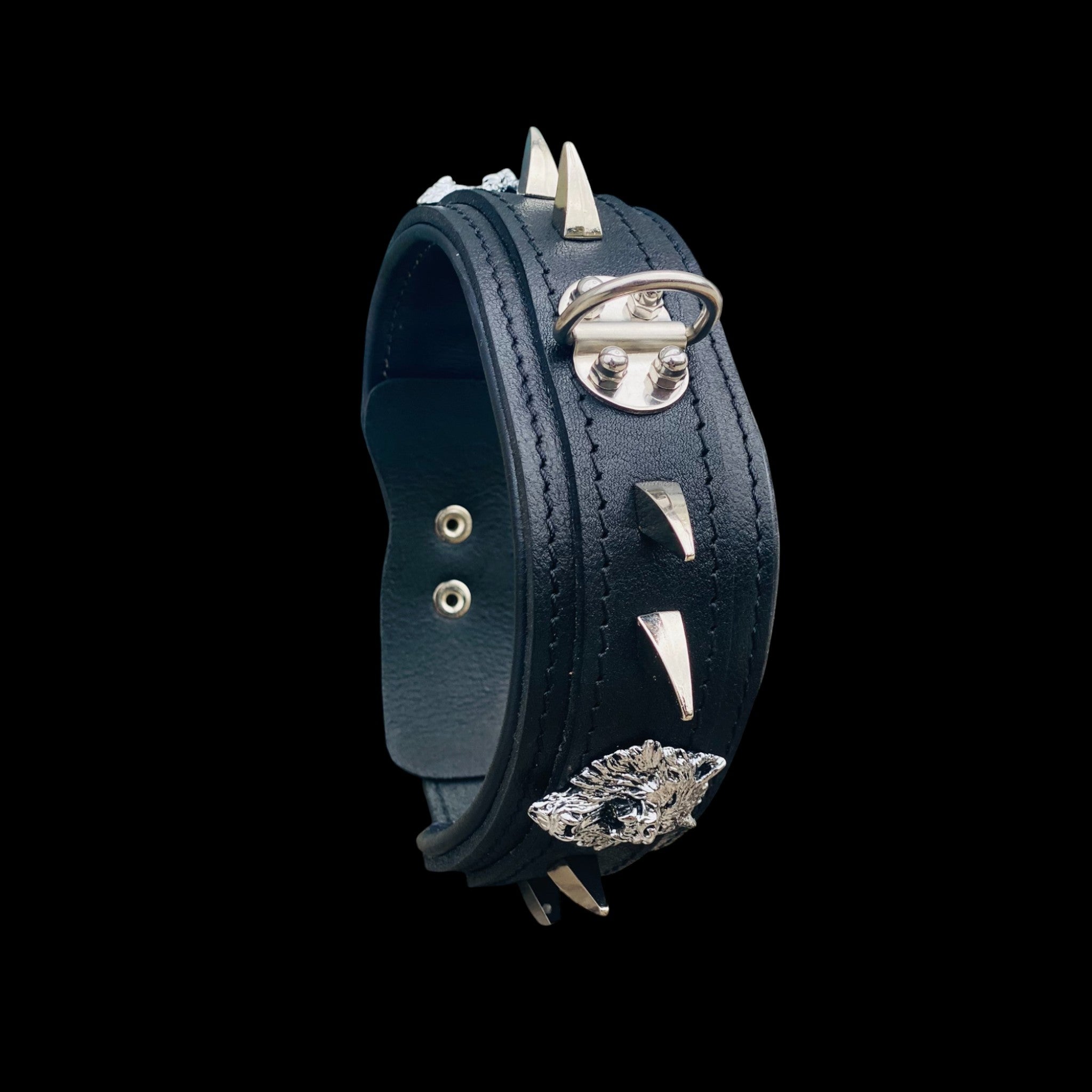 Custom wolf emblem leather dog collar for large breeds